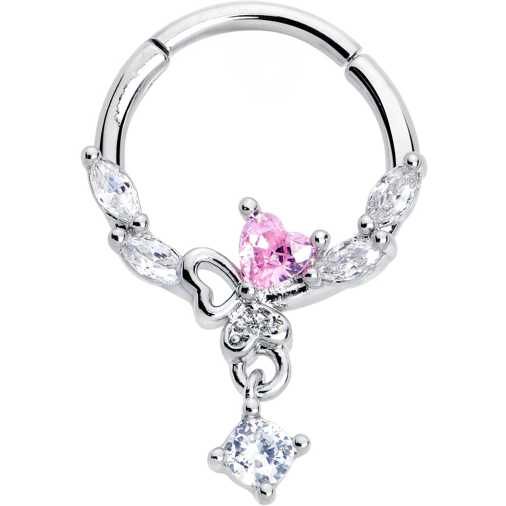 BodyCandy 16G 3/8 Pink CZ Gem Butterfly Heart Dangle Hinged Segment Ring — main product shot