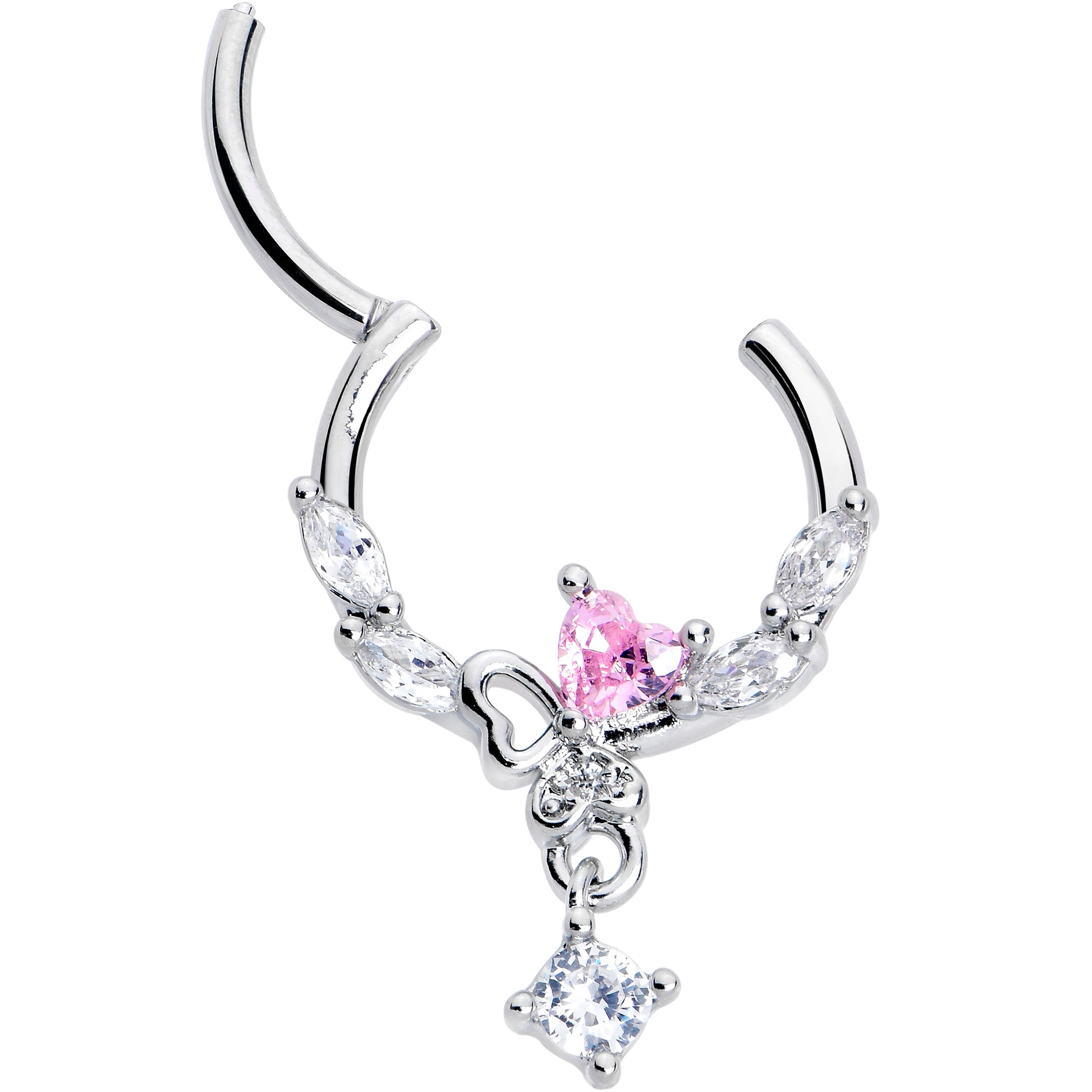 BodyCandy 16G 3/8 Pink CZ Gem Butterfly Heart Dangle Hinged Segment Ring — lifestyle context