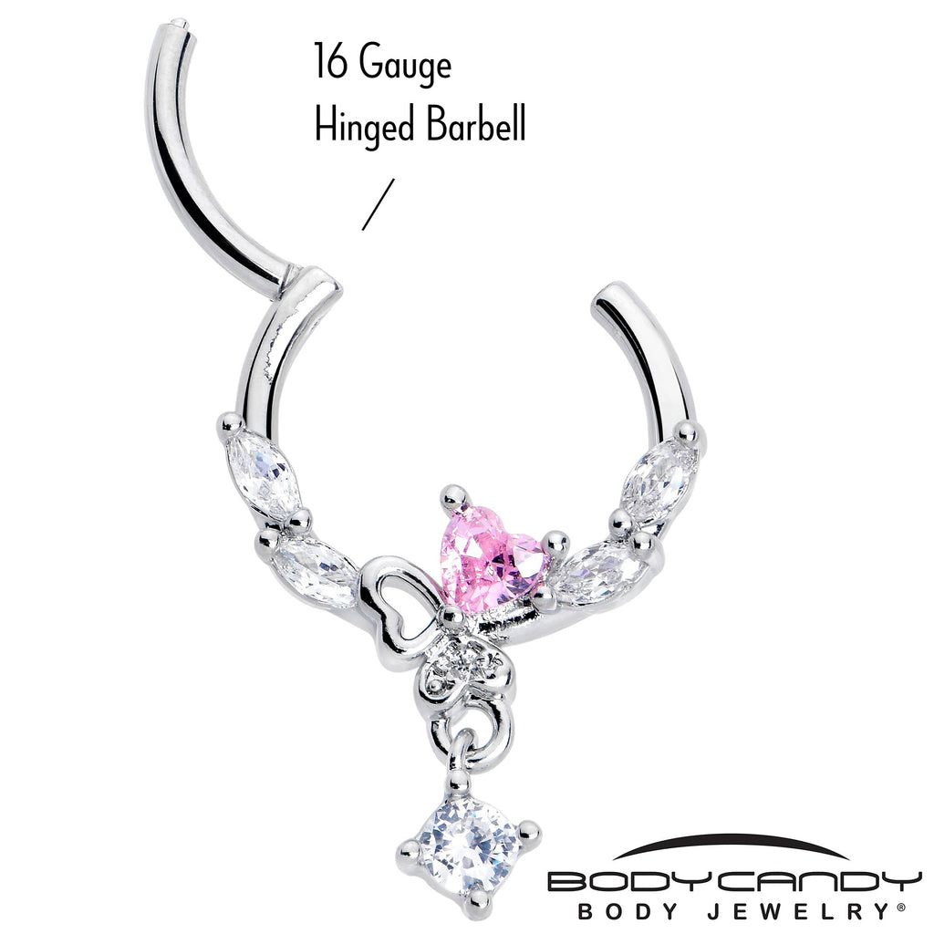BodyCandy 16G 3/8 Pink CZ Gem Butterfly Heart Dangle Hinged Segment Ring — side view