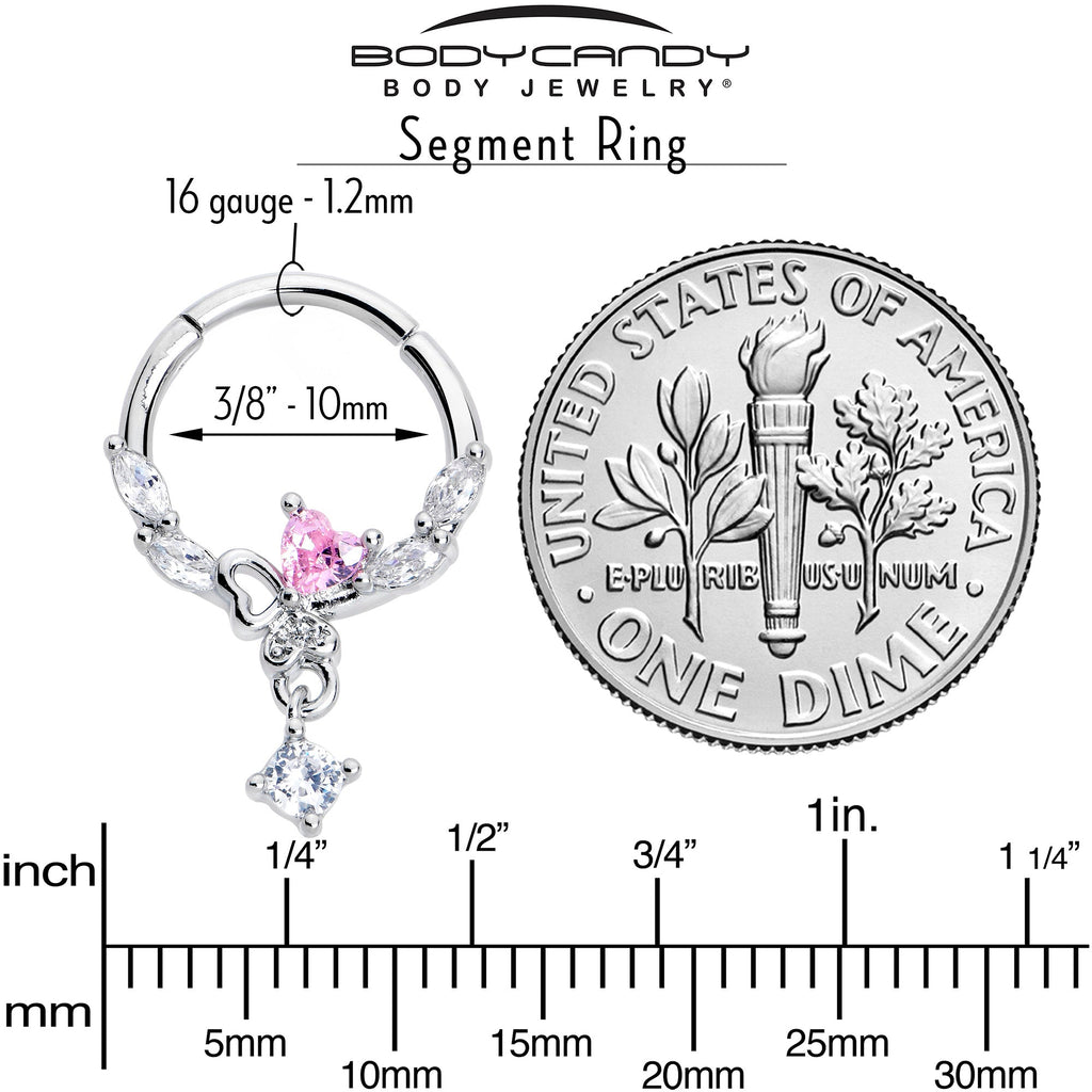 BodyCandy 16G 3/8 Pink CZ Gem Butterfly Heart Dangle Hinged Segment Ring — back view