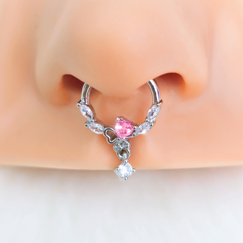BodyCandy 16G 3/8 Pink CZ Gem Butterfly Heart Dangle Hinged Segment Ring — detail close-up
