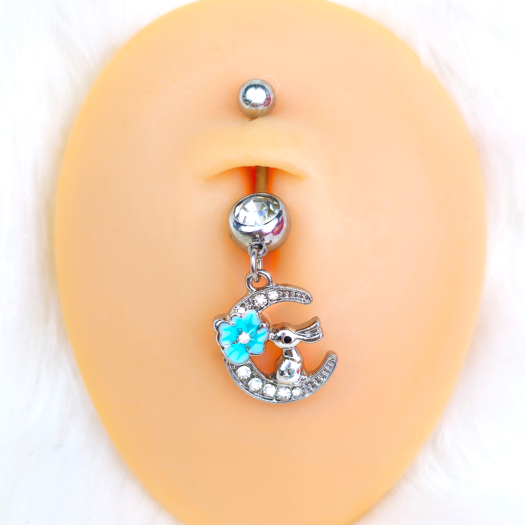 BodyCandy Clear Gem Rabbit On The Moon Blue Dangle Belly Ring — detail close-up