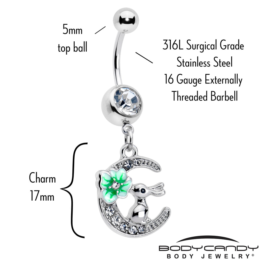 BodyCandy Clear Gem Rabbit On The Moon Green Dangle Belly Ring — detail close-up