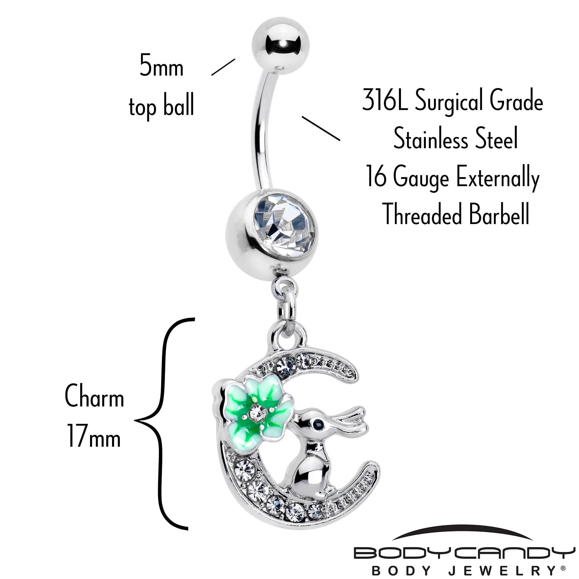 BodyCandy Clear Gem Rabbit On The Moon Green Dangle Belly Ring — detail close-up