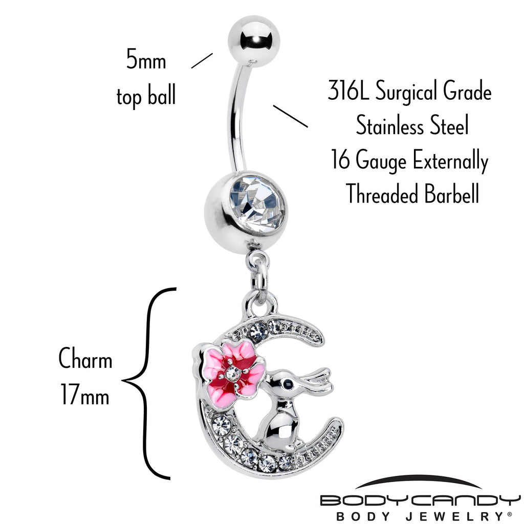 BodyCandy Clear Gem Rabbit On The Moon Pink Dangle Belly Ring — detail close-up