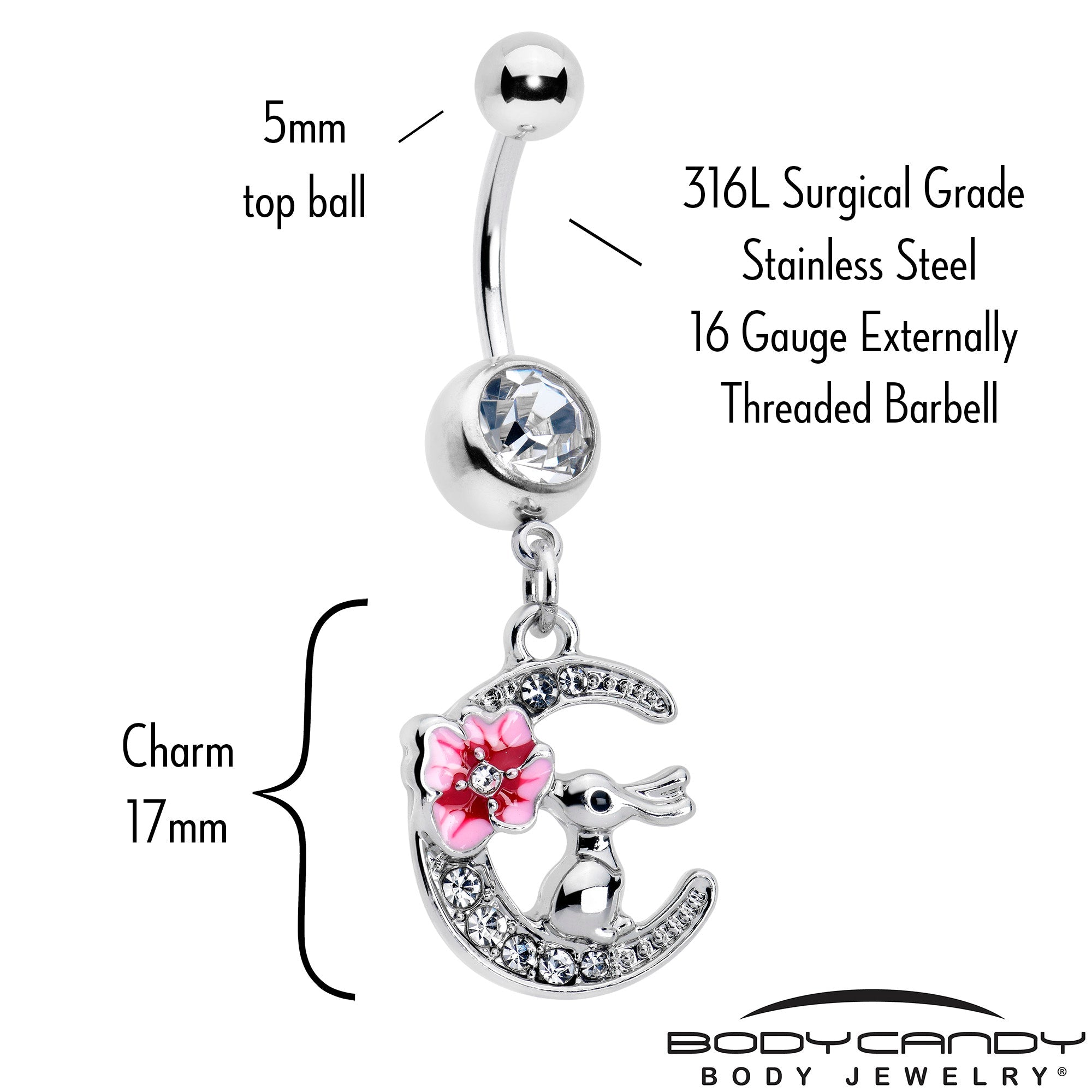 BodyCandy Clear Gem Rabbit On The Moon Pink Dangle Belly Ring — detail close-up