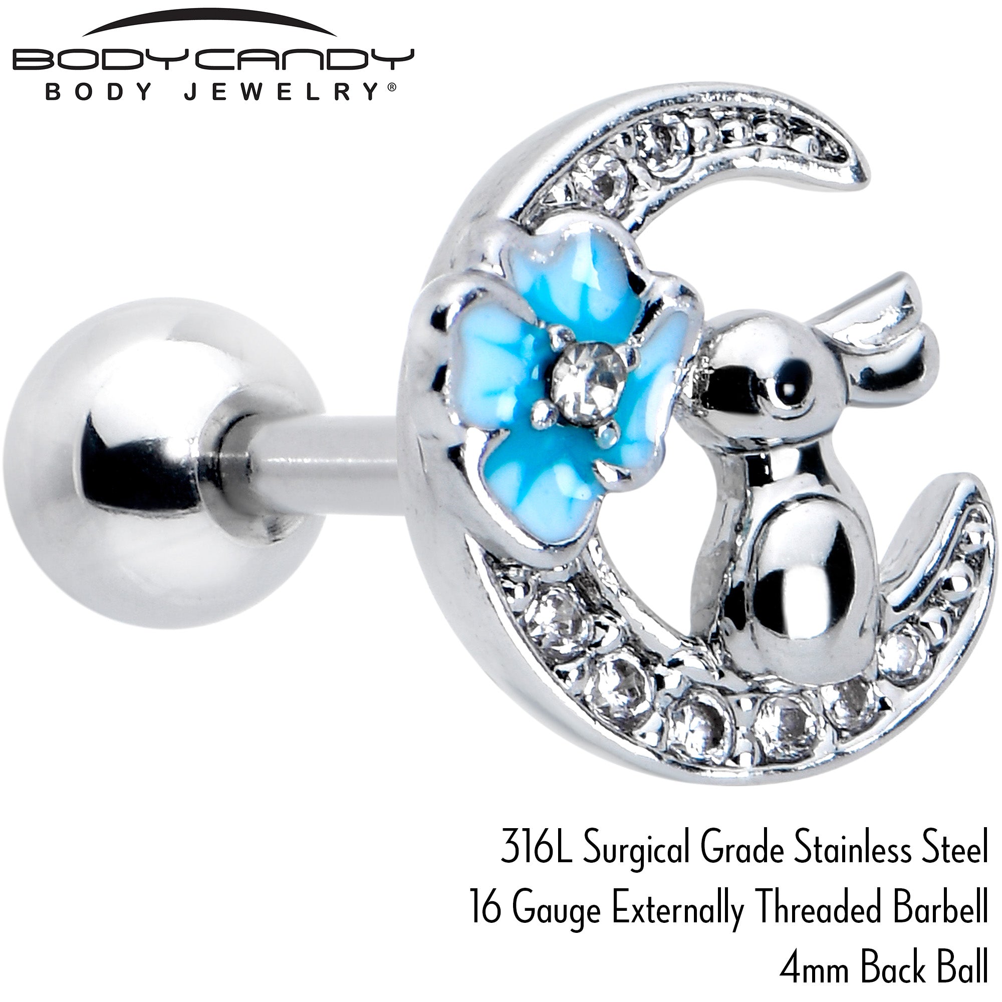 BodyCandy 16G 1/4 Clear CZ Gem Rabbit On The Moon Blue Cartilage Earring — side view