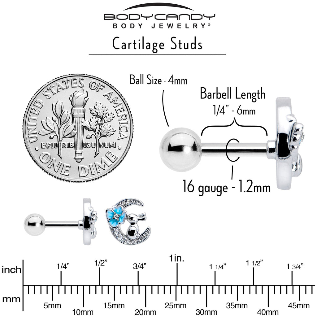 BodyCandy 16G 1/4 Clear CZ Gem Rabbit On The Moon Blue Cartilage Earring — back view