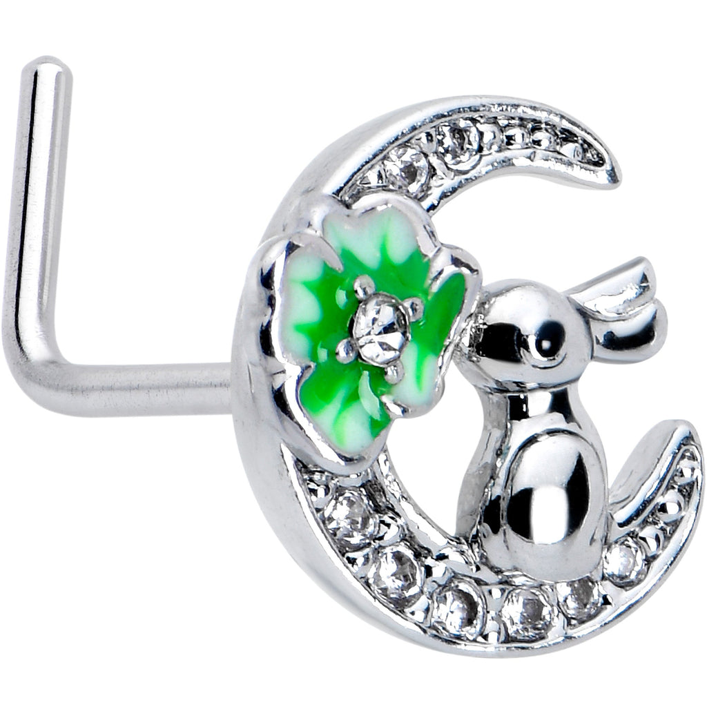 BodyCandy 20G 7mm Clear CZ Gem Rabbit On The Moon Green L Shape Nose Ring — main product shot