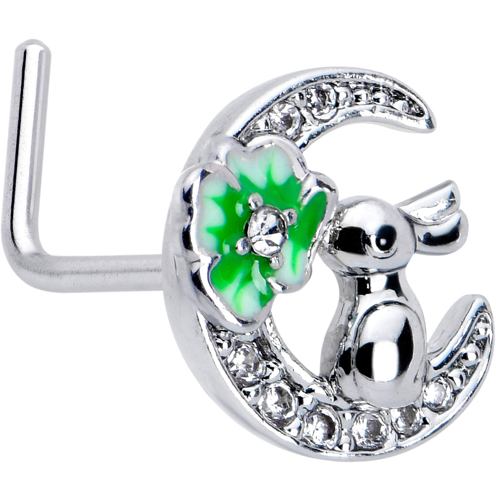 BodyCandy 20G 7mm Clear CZ Gem Rabbit On The Moon Green L Shape Nose Ring — main product shot