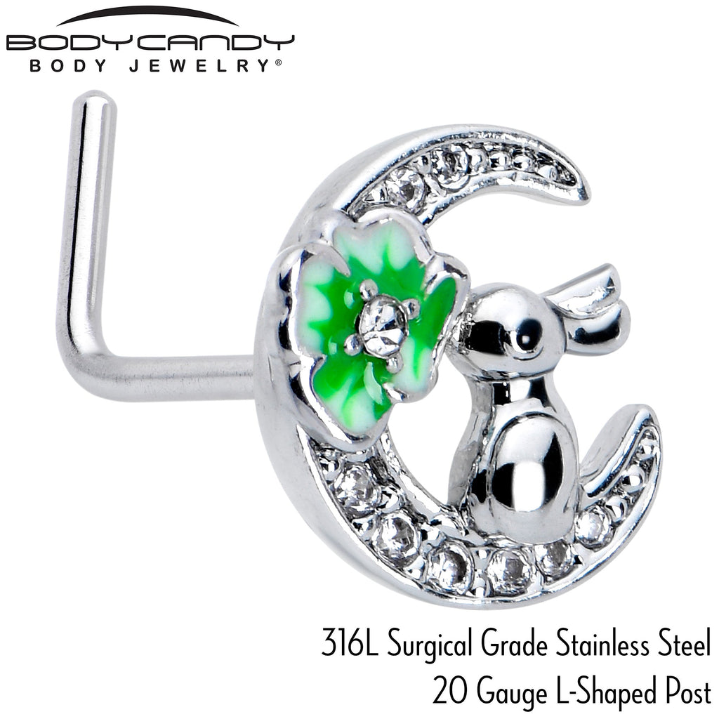 BodyCandy 20G 7mm Clear CZ Gem Rabbit On The Moon Green L Shape Nose Ring — side view