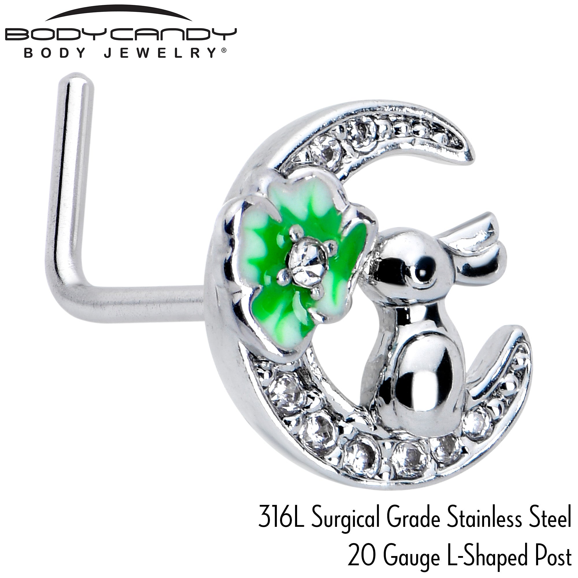 BodyCandy 20G 7mm Clear CZ Gem Rabbit On The Moon Green L Shape Nose Ring — side view