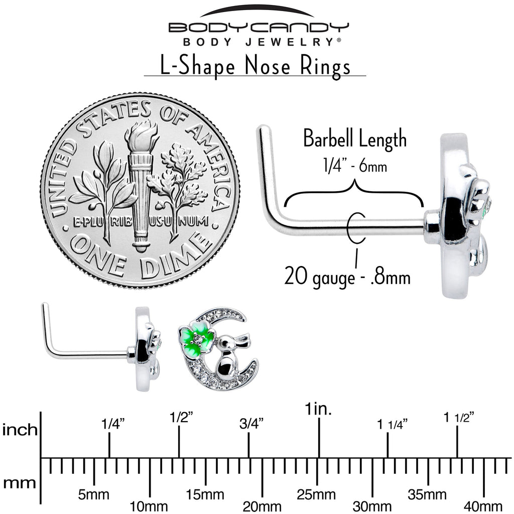 BodyCandy 20G 7mm Clear CZ Gem Rabbit On The Moon Green L Shape Nose Ring — back view