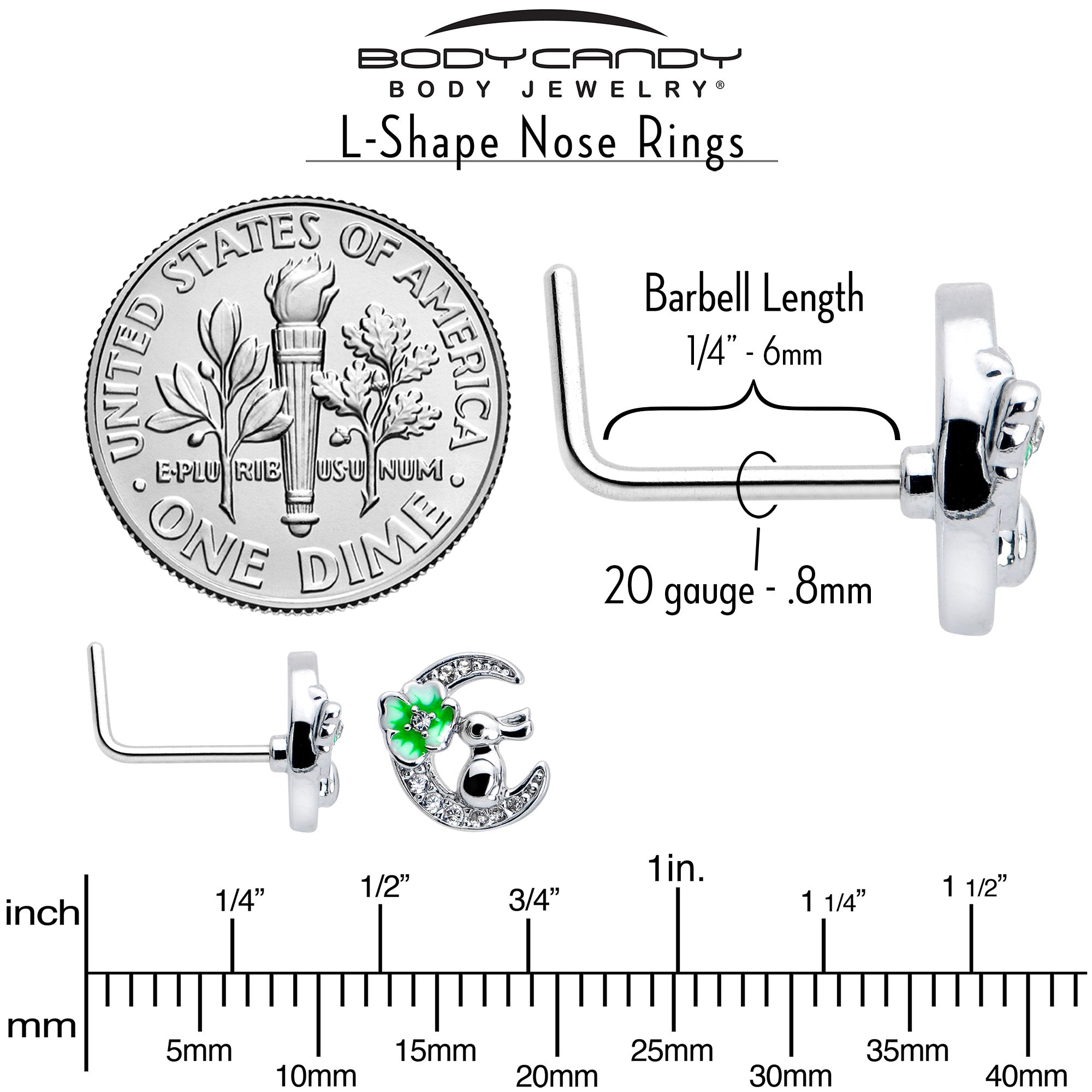 BodyCandy 20G 7mm Clear CZ Gem Rabbit On The Moon Green L Shape Nose Ring — back view