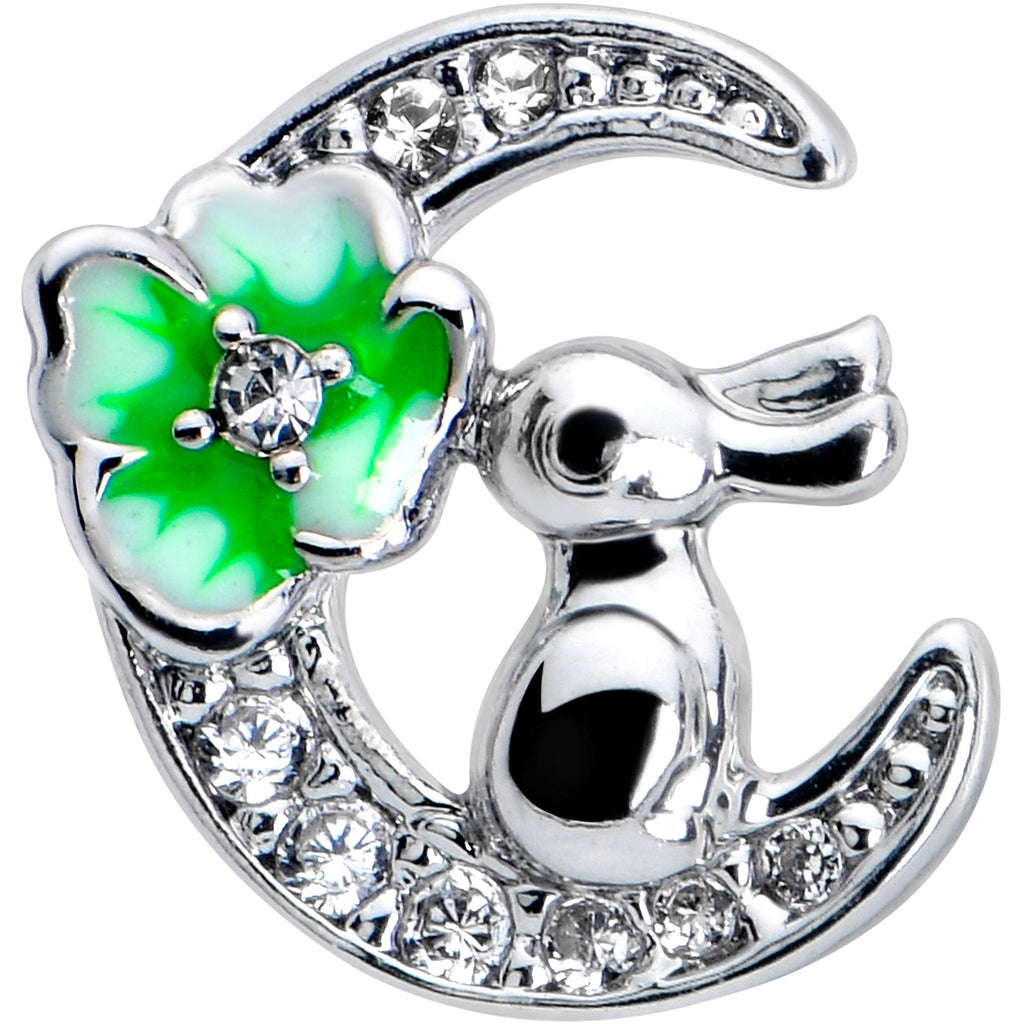 BodyCandy 20G 7mm Clear CZ Gem Rabbit On The Moon Green Left Side Nose Screw — detail close-up