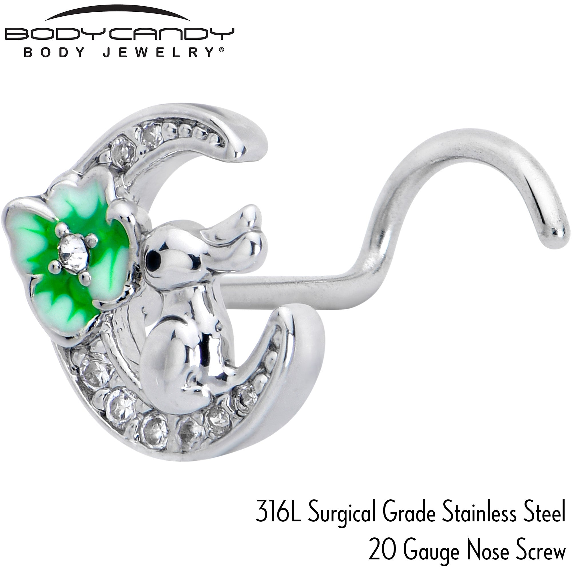 BodyCandy 20G 7mm Clear CZ Gem Rabbit On The Moon Green Left Side Nose Screw — side view