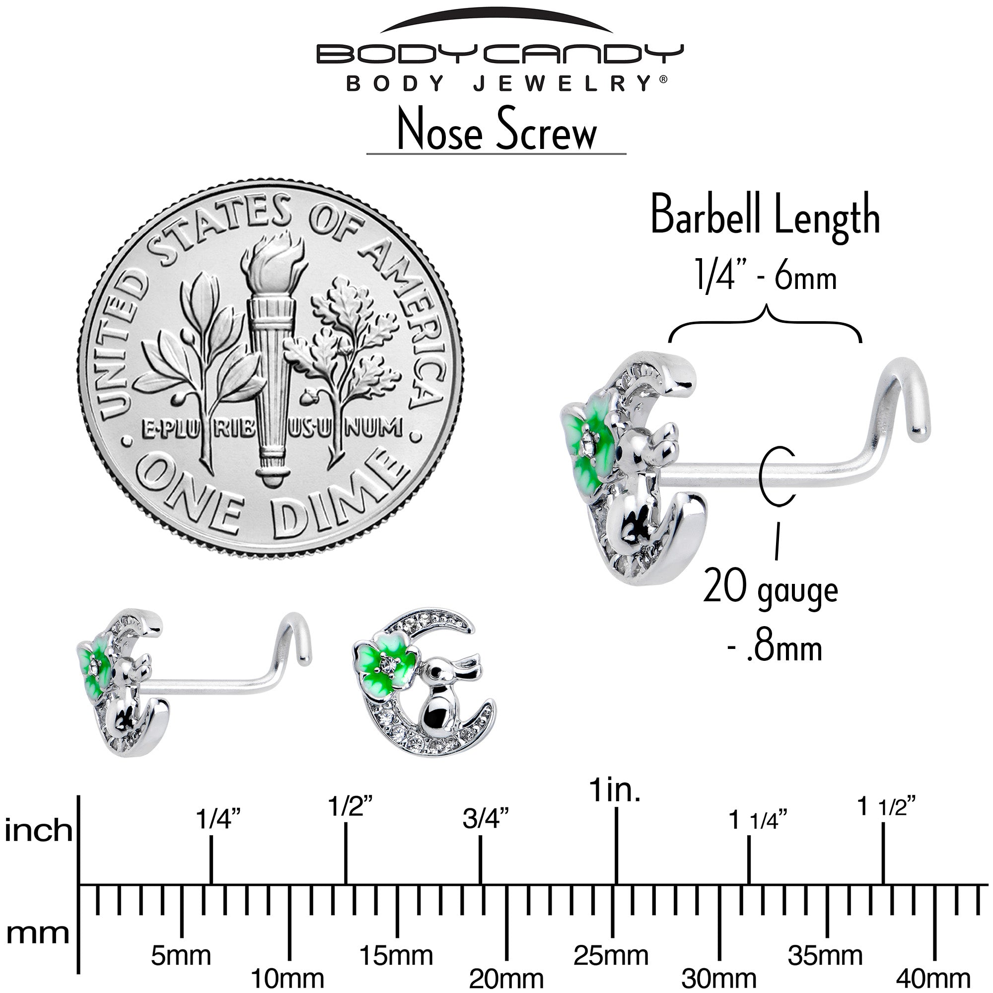BodyCandy 20G 7mm Clear CZ Gem Rabbit On The Moon Green Left Side Nose Screw — back view