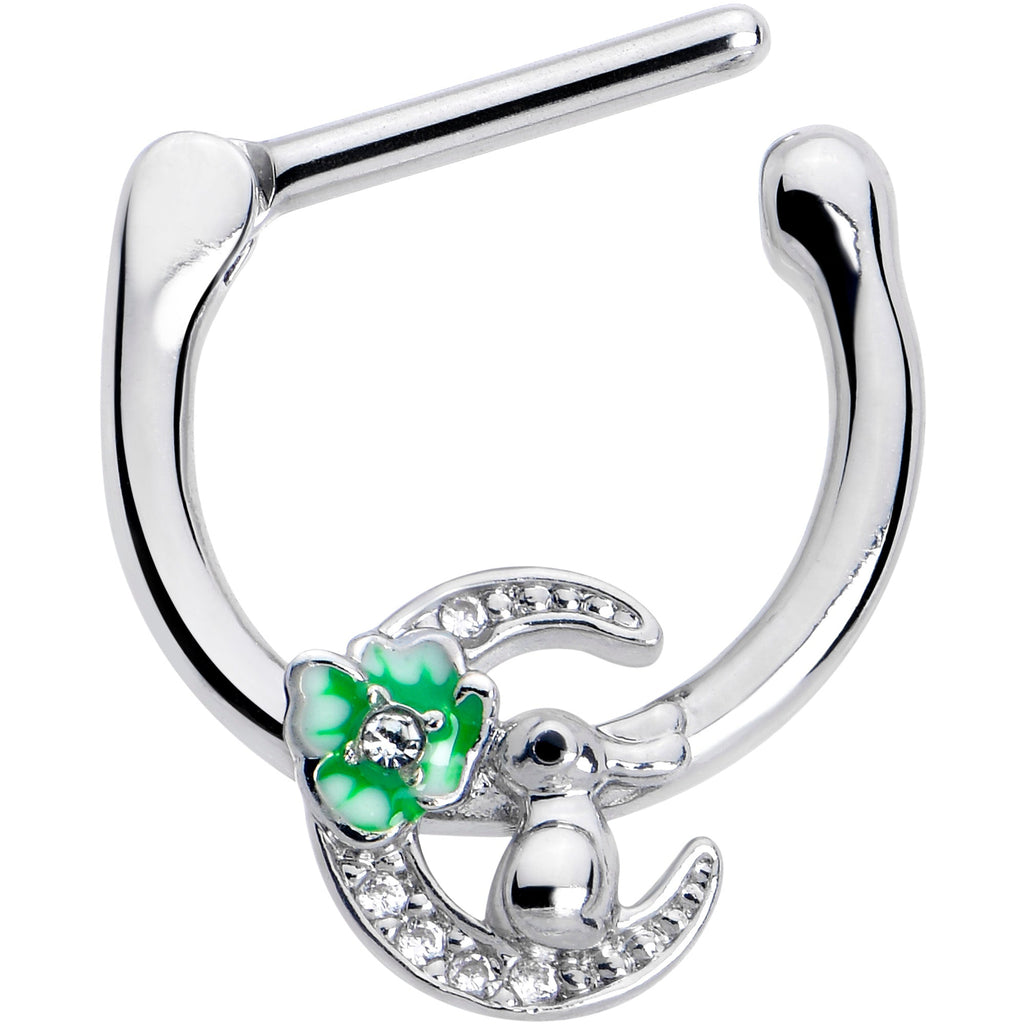 BodyCandy 16G 5/16 Clear CZ Gem Rabbit On The Moon Green Cartilage Clicker — detail close-up