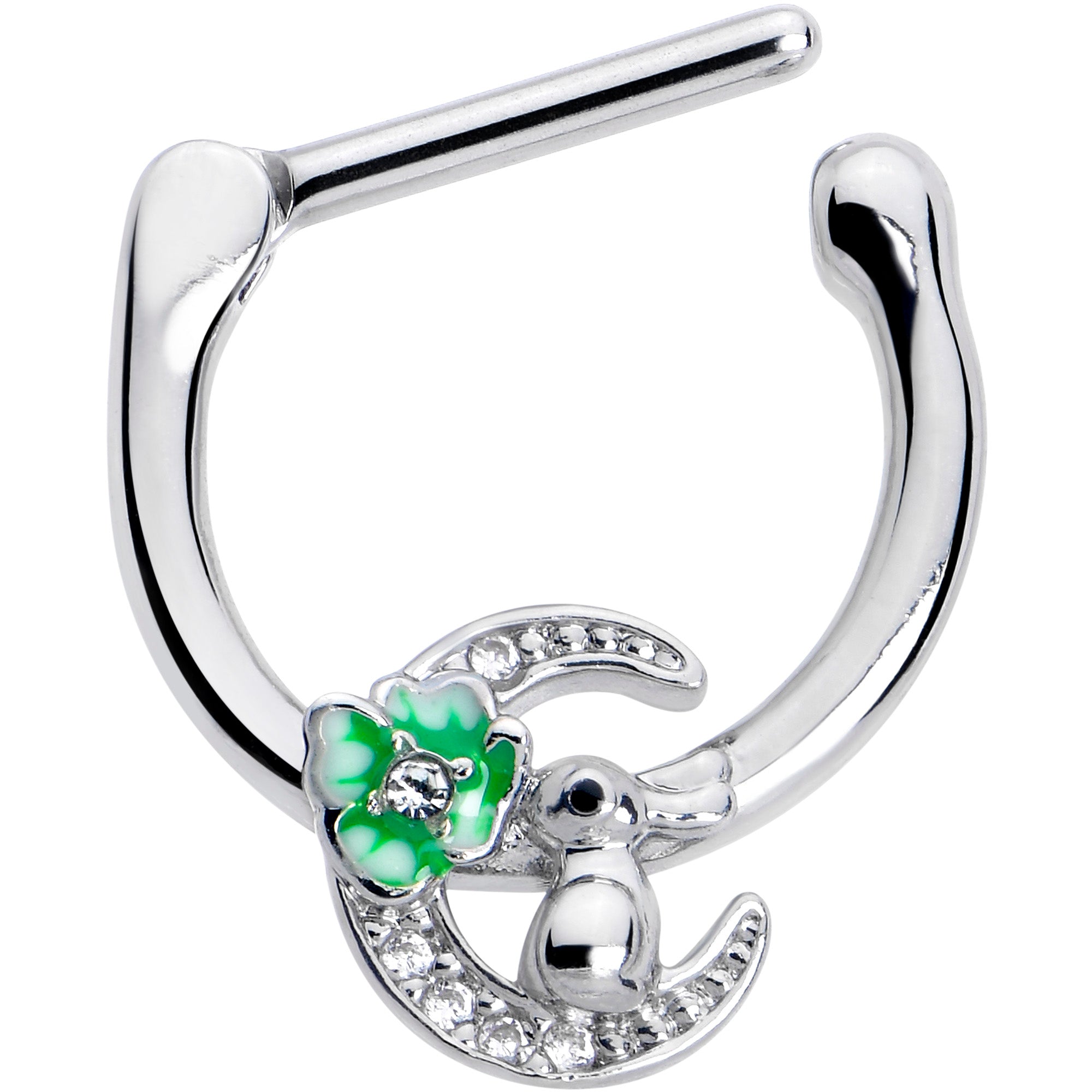 BodyCandy 16G 5/16 Clear CZ Gem Rabbit On The Moon Green Cartilage Clicker — detail close-up