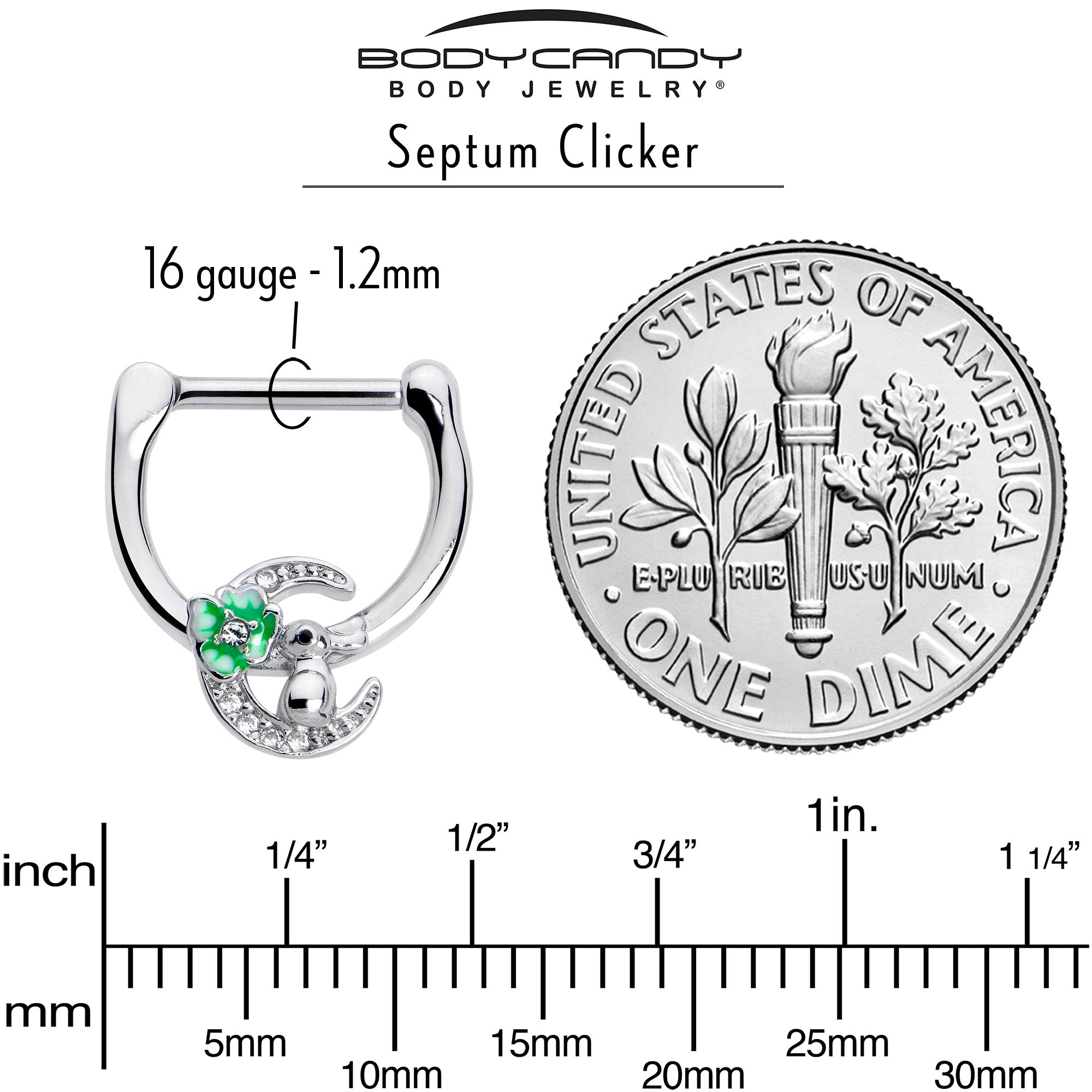BodyCandy 16G 5/16 Clear CZ Gem Rabbit On The Moon Green Cartilage Clicker — side view