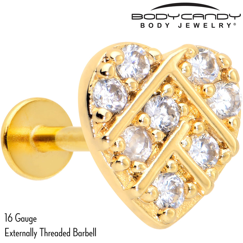 BodyCandy 16G 5/16 Clear Gem Gold Hue Lattice Heart Internally Threaded Labret — side view