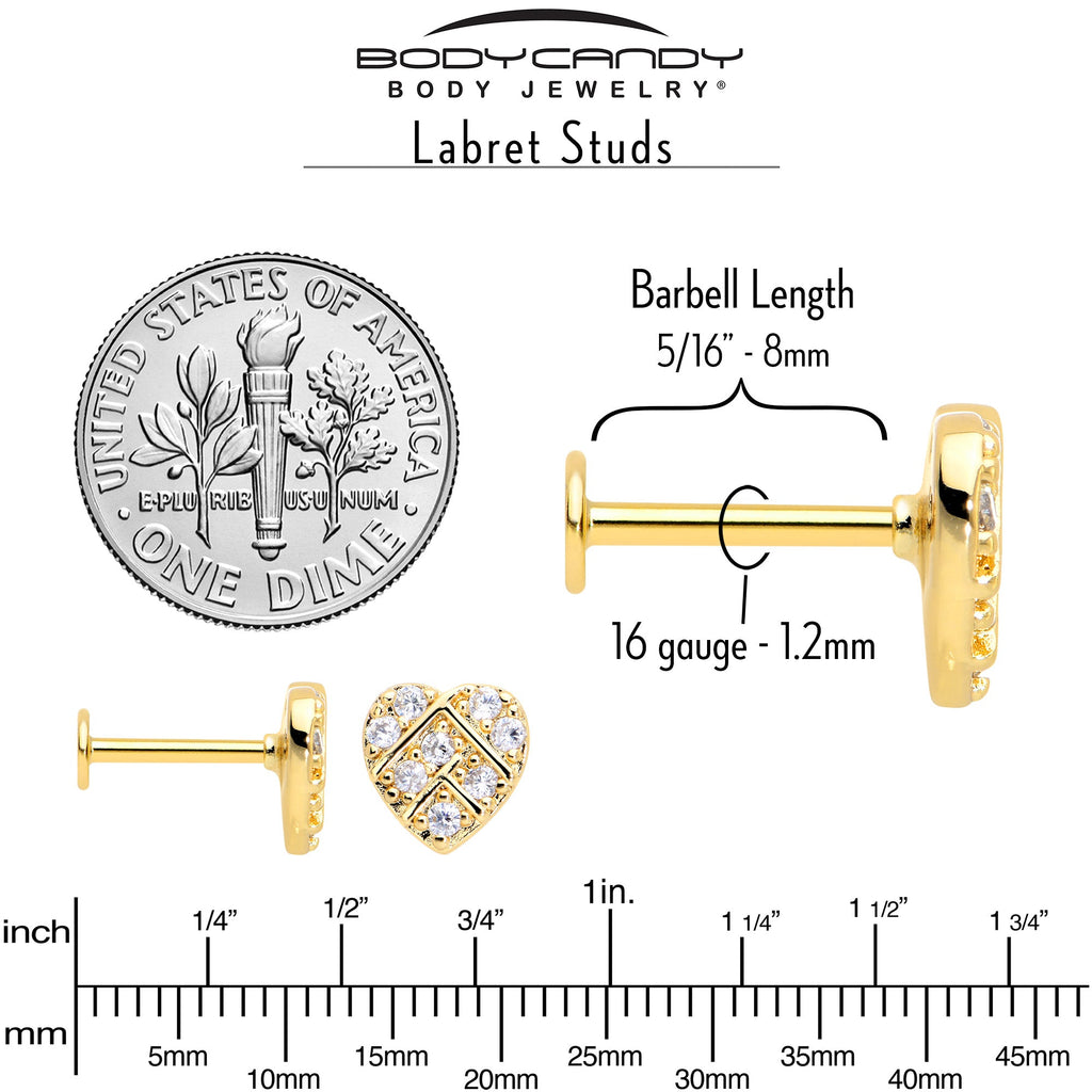 BodyCandy 16G 5/16 Clear Gem Gold Hue Lattice Heart Internally Threaded Labret — back view