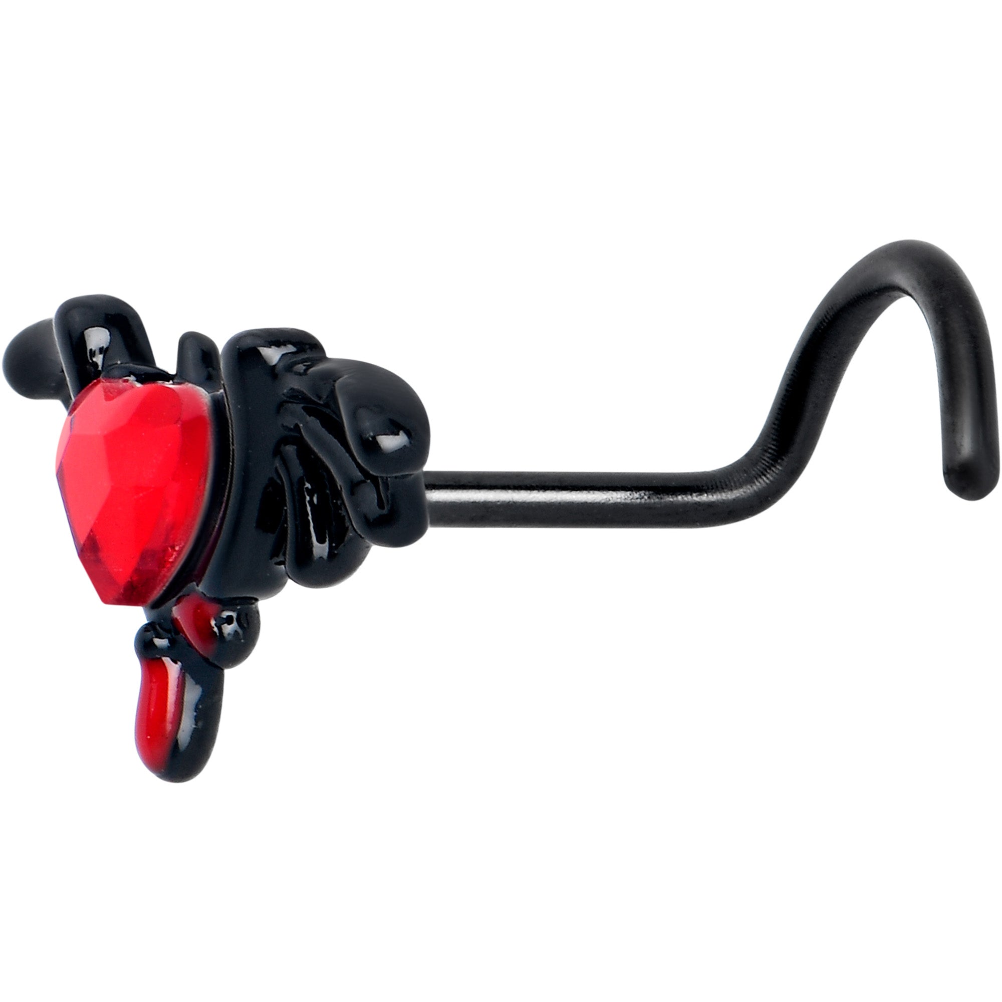 BodyCandy 20G 7mm Red Gem Black Bleeding Heart Bat Left Side Nose Screw — side view
