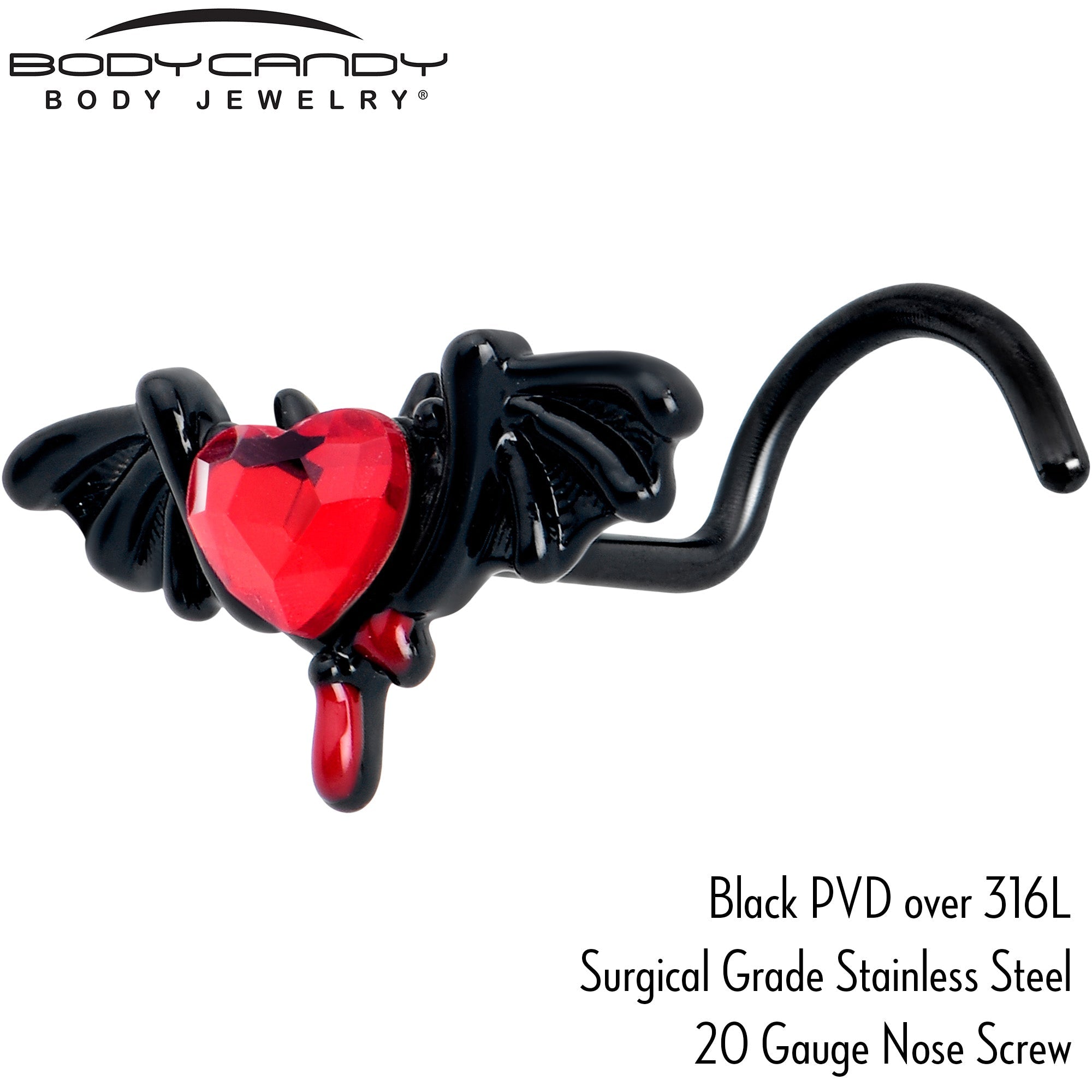 BodyCandy 20G 7mm Red Gem Black Bleeding Heart Bat Left Side Nose Screw — back view