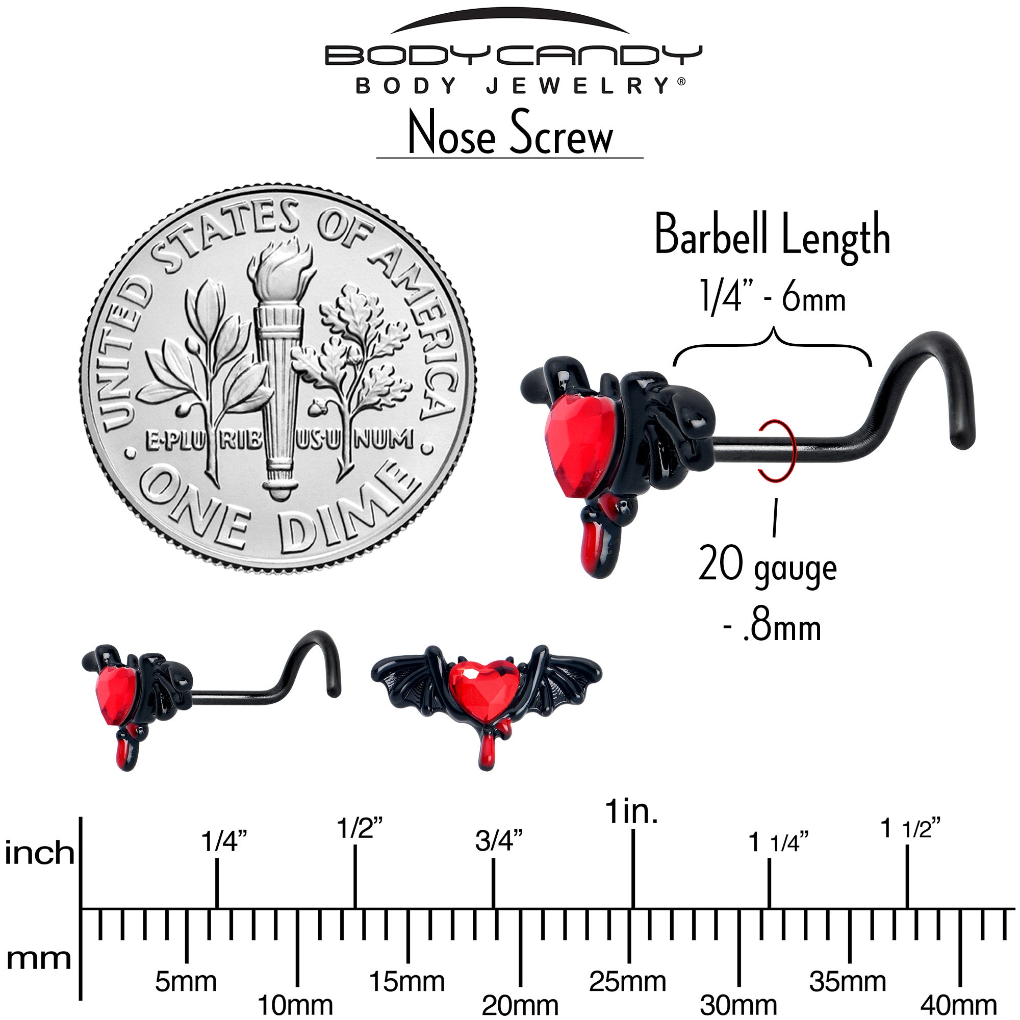 BodyCandy 20G 7mm Red Gem Black Bleeding Heart Bat Left Side Nose Screw — alternative angle