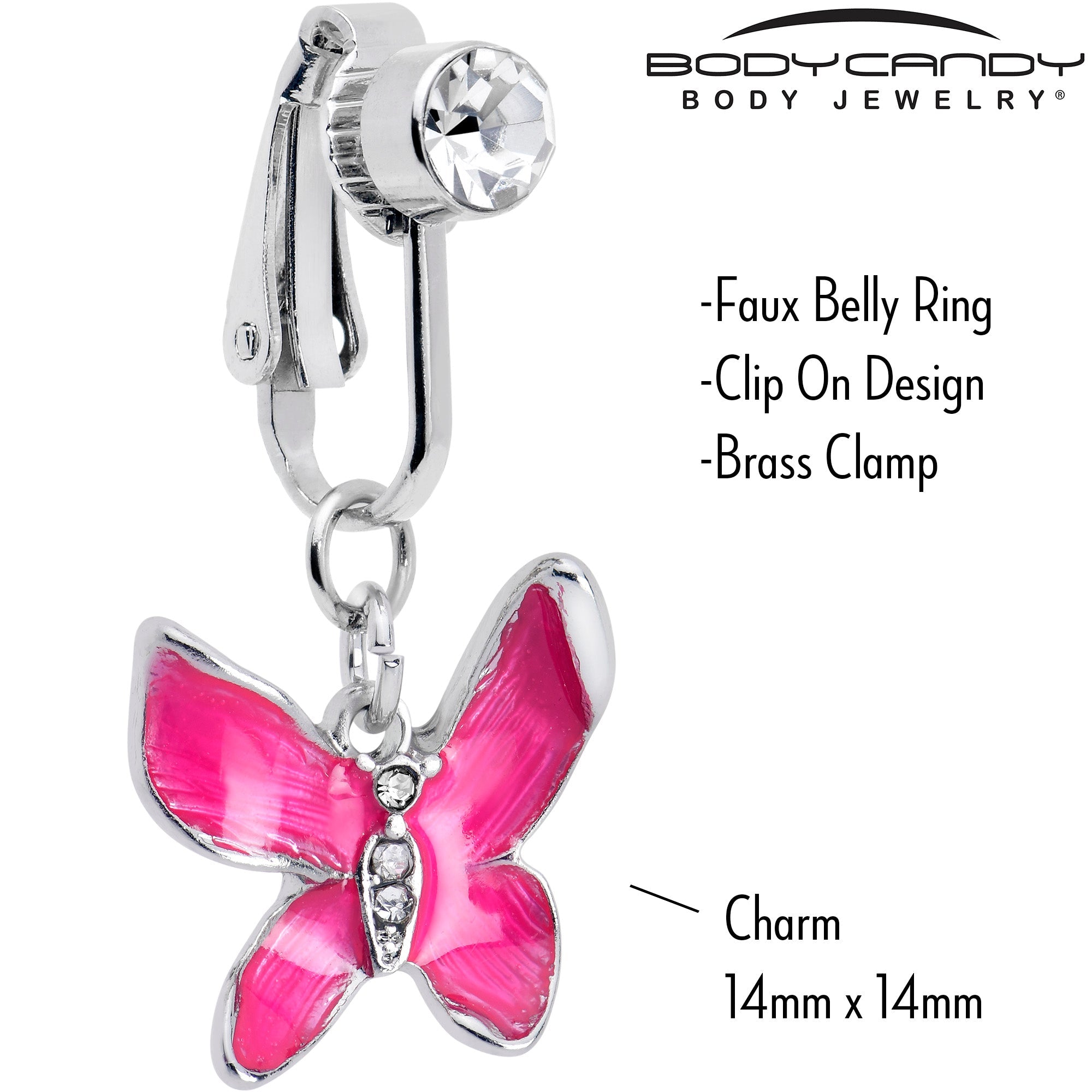 BodyCandy Clear Gem Chunky Butterfly Pink Clip On Fake Belly Ring — detail close-up