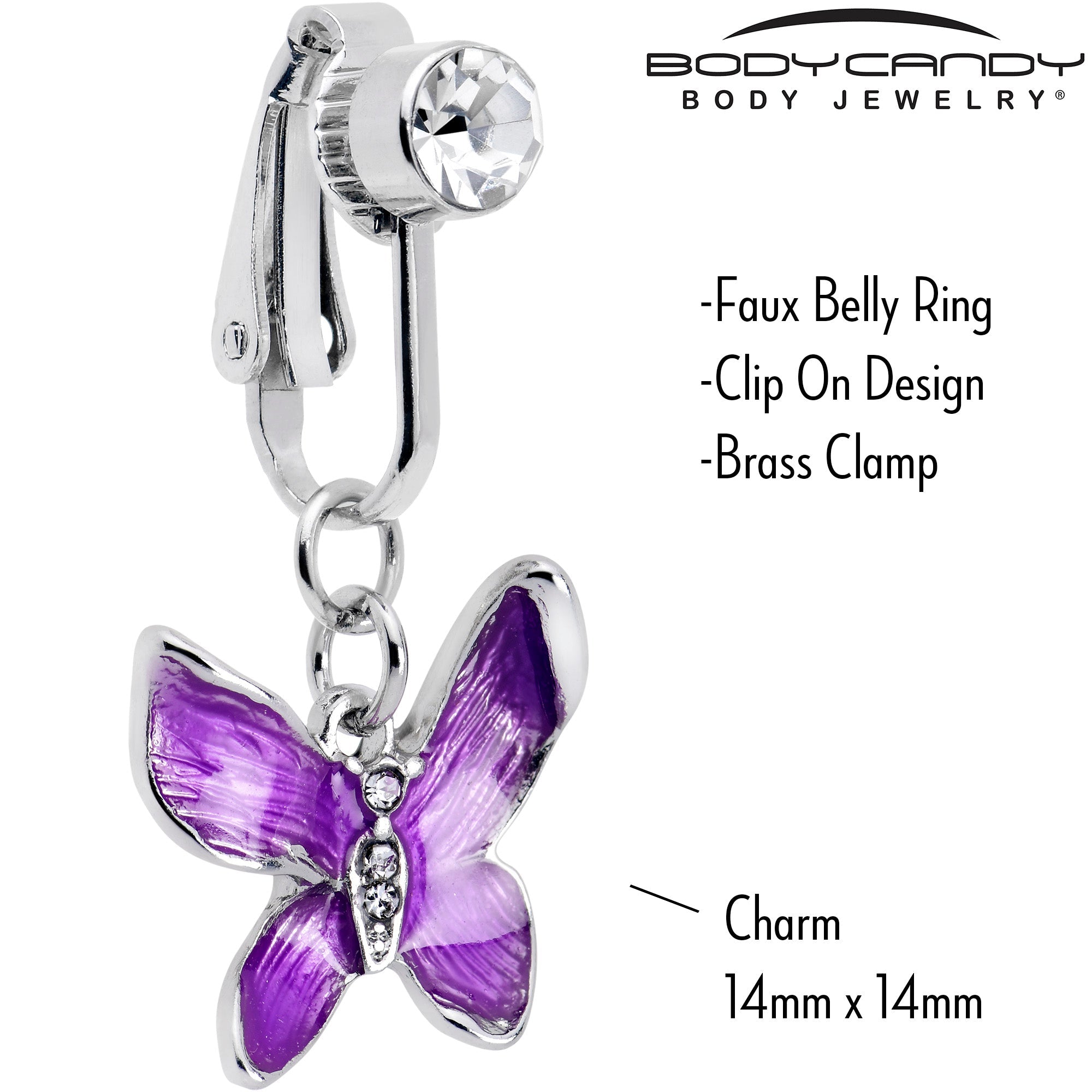 BodyCandy Clear Gem Chunky Butterfly Purple Clip On Fake Belly Ring — detail close-up