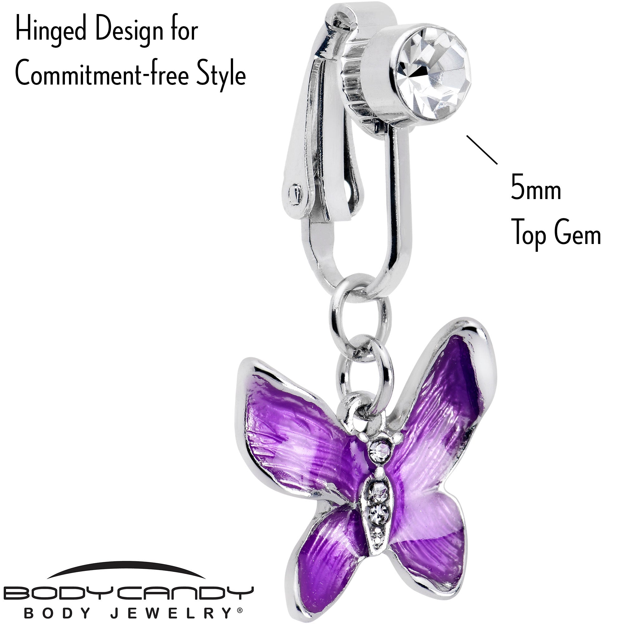 BodyCandy Clear Gem Chunky Butterfly Purple Clip On Fake Belly Ring — lifestyle context