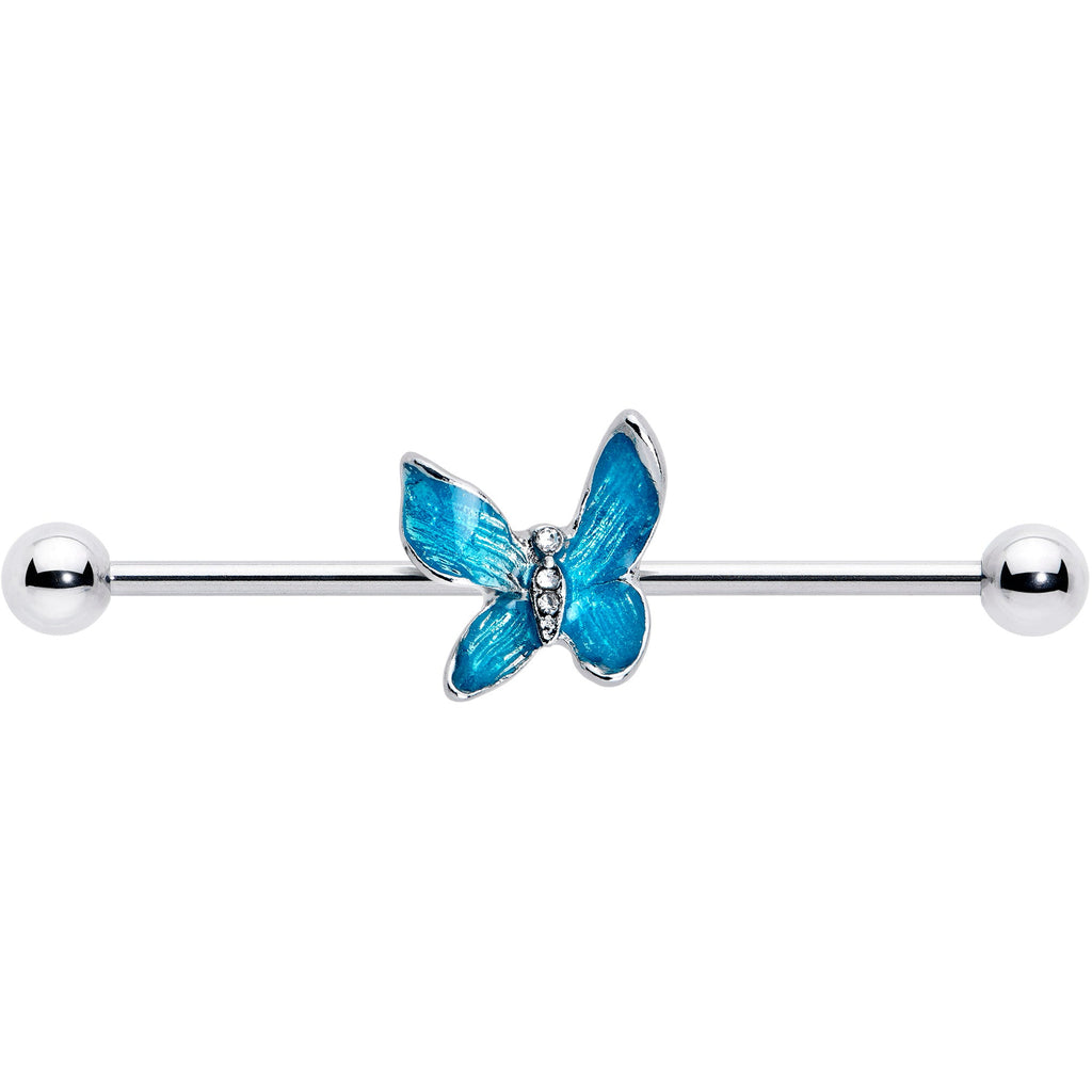 BodyCandy 14G Clear Gem Chunky Butterfly Blue Industrial Barbell 38mm — detail close-up
