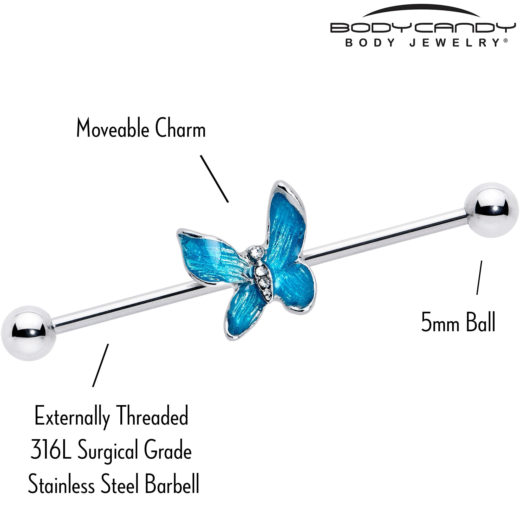 BodyCandy 14G Clear Gem Chunky Butterfly Blue Industrial Barbell 38mm — lifestyle context