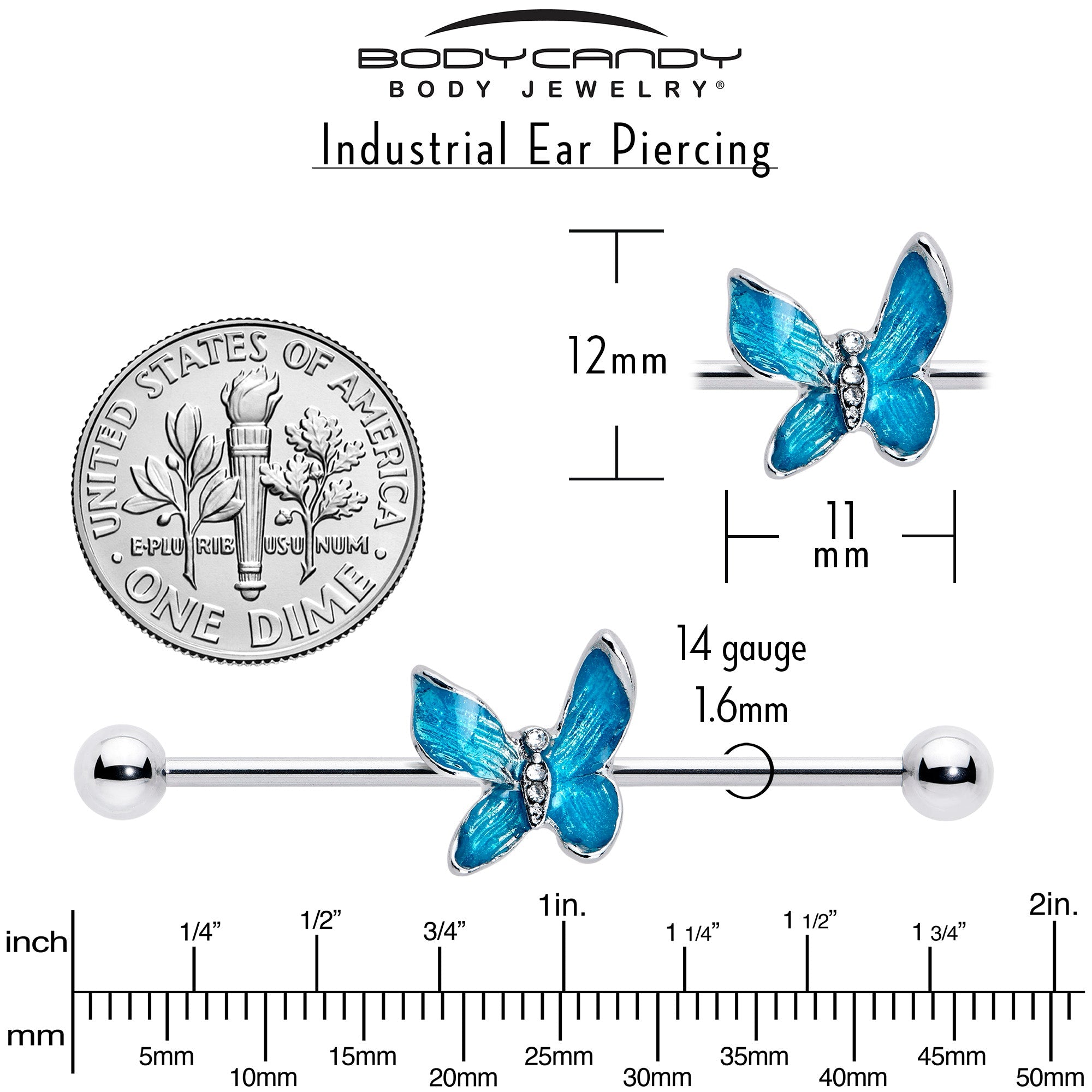 BodyCandy 14G Clear Gem Chunky Butterfly Blue Industrial Barbell 38mm — side view