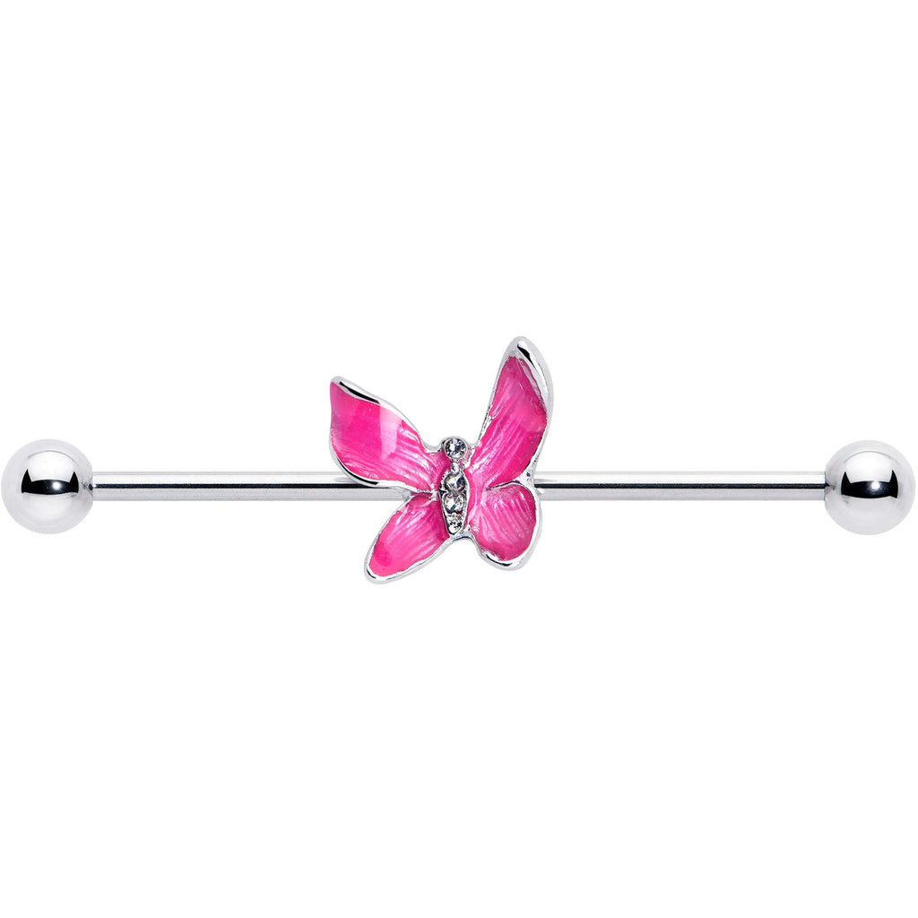 BodyCandy 14G Clear Gem Chunky Butterfly Pink Industrial Barbell 38mm — detail close-up