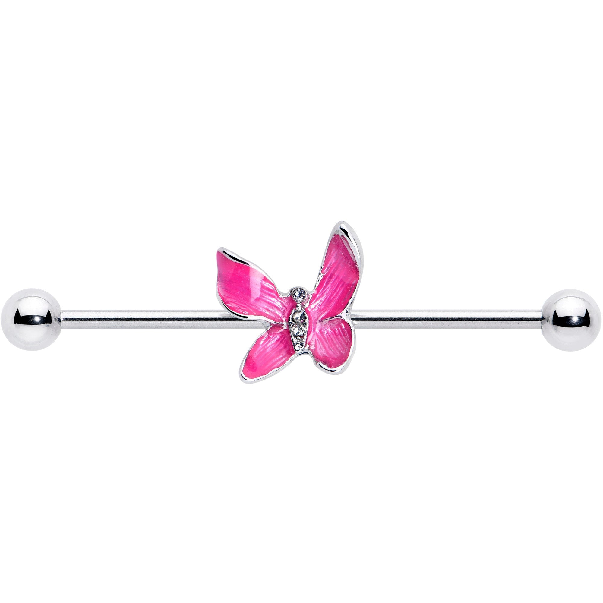 BodyCandy 14G Clear Gem Chunky Butterfly Pink Industrial Barbell 38mm — detail close-up