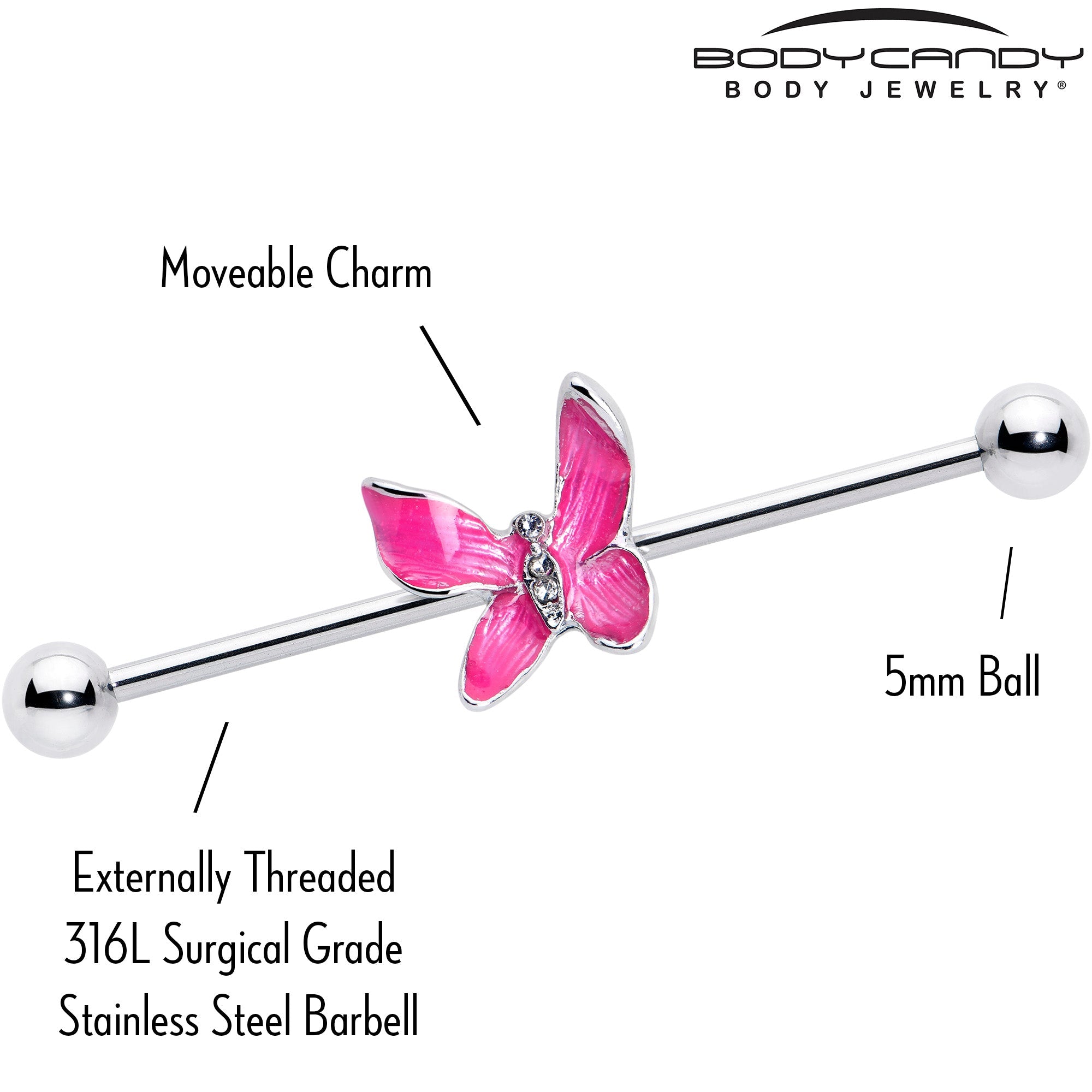 BodyCandy 14G Clear Gem Chunky Butterfly Pink Industrial Barbell 38mm — lifestyle context