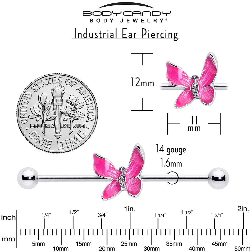 BodyCandy 14G Clear Gem Chunky Butterfly Pink Industrial Barbell 38mm — side view