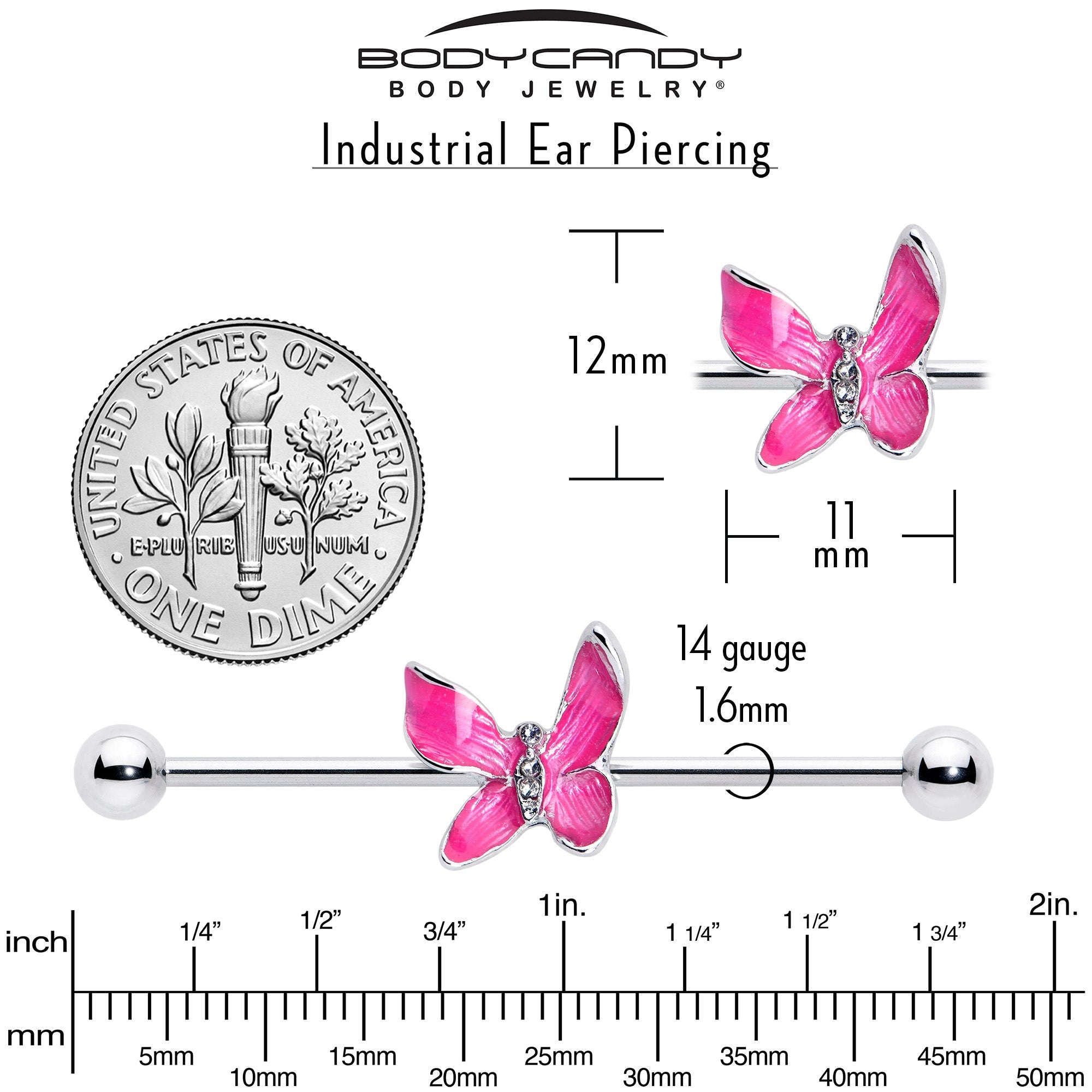 BodyCandy 14G Clear Gem Chunky Butterfly Pink Industrial Barbell 38mm — side view
