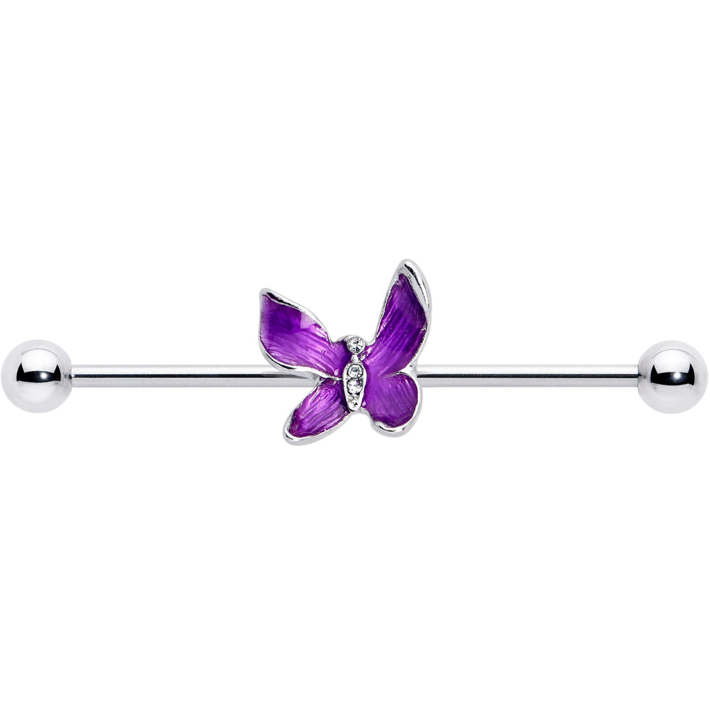BodyCandy 14G Clear Gem Chunky Butterfly Purple Industrial Barbell 38mm — detail close-up