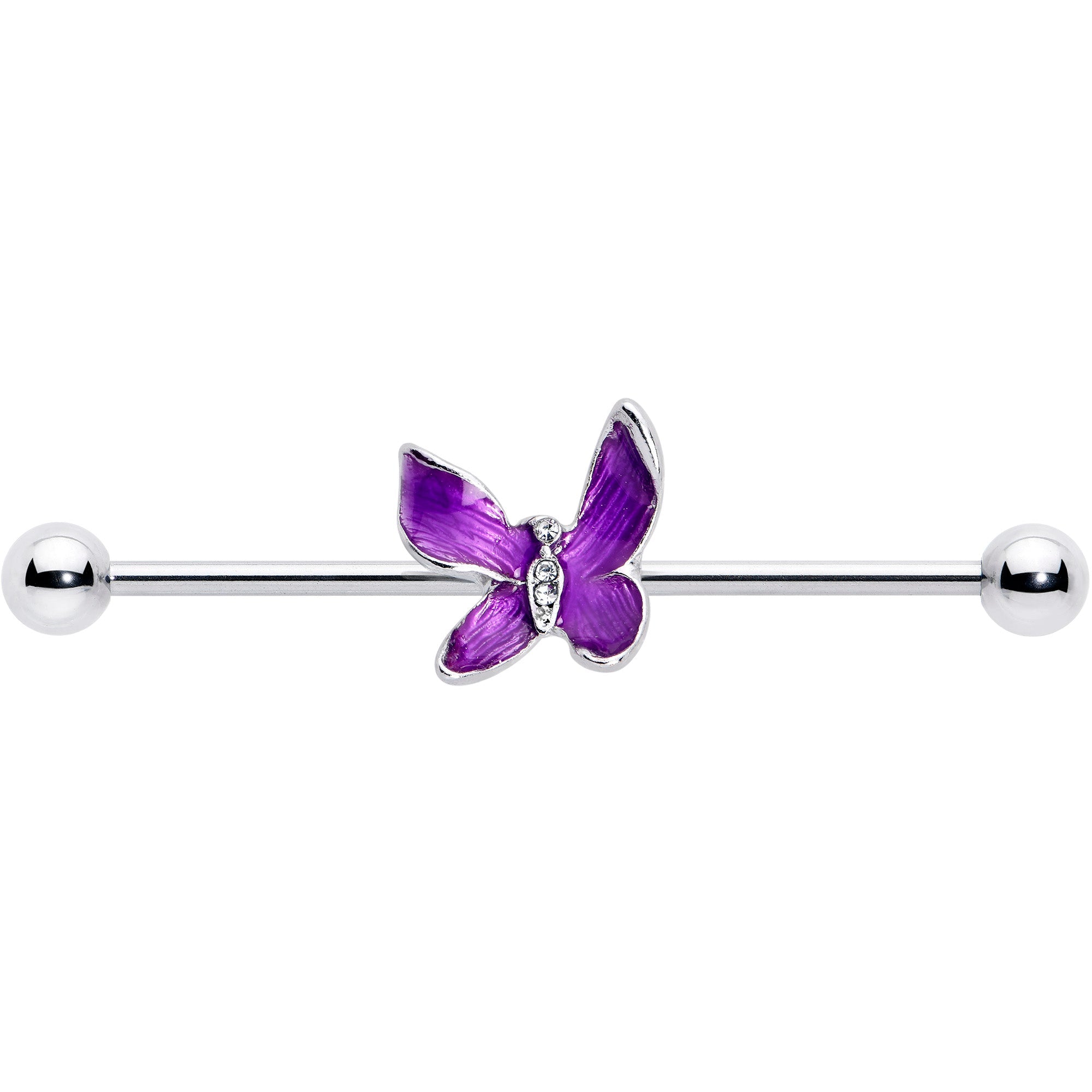 BodyCandy 14G Clear Gem Chunky Butterfly Purple Industrial Barbell 38mm — detail close-up