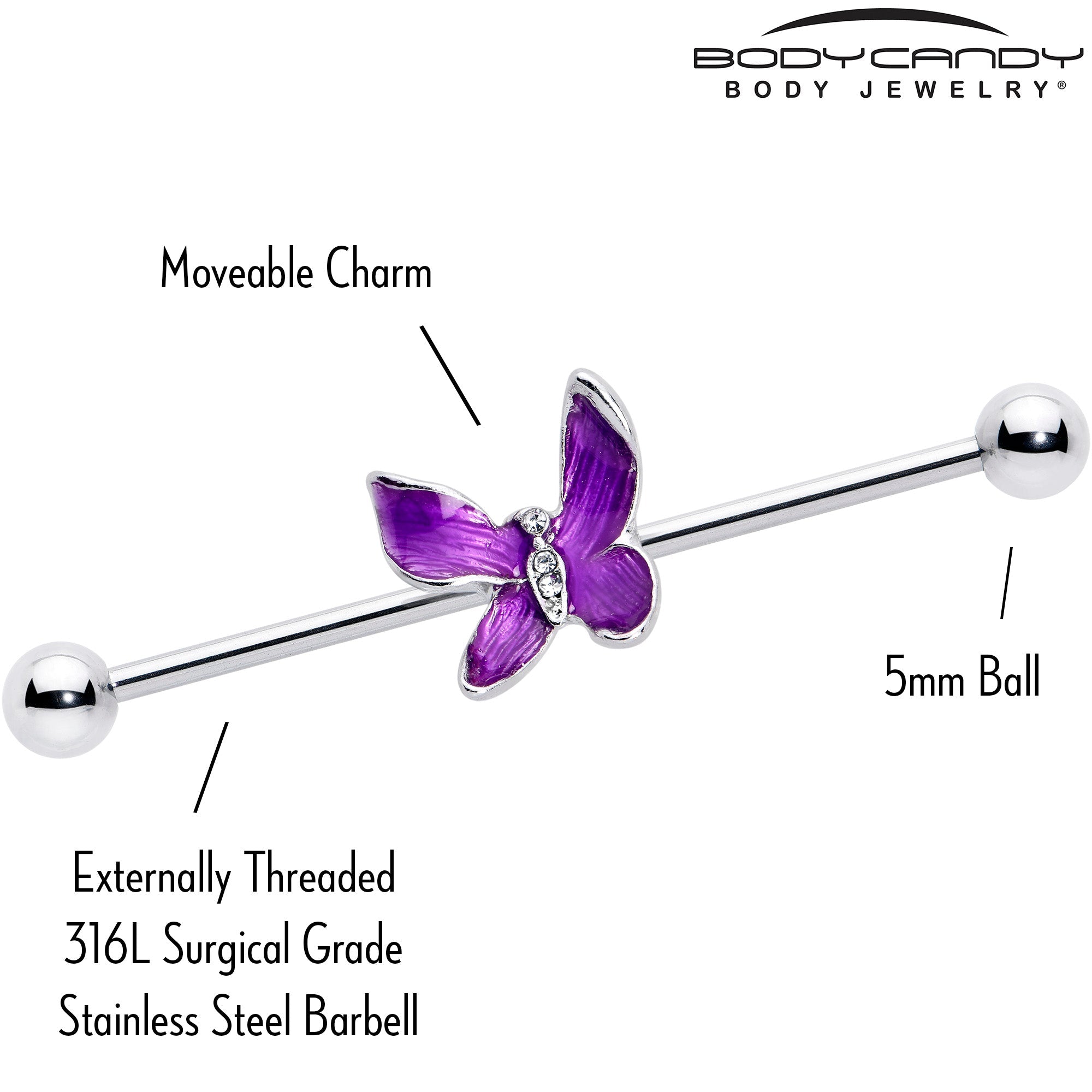 BodyCandy 14G Clear Gem Chunky Butterfly Purple Industrial Barbell 38mm — lifestyle context