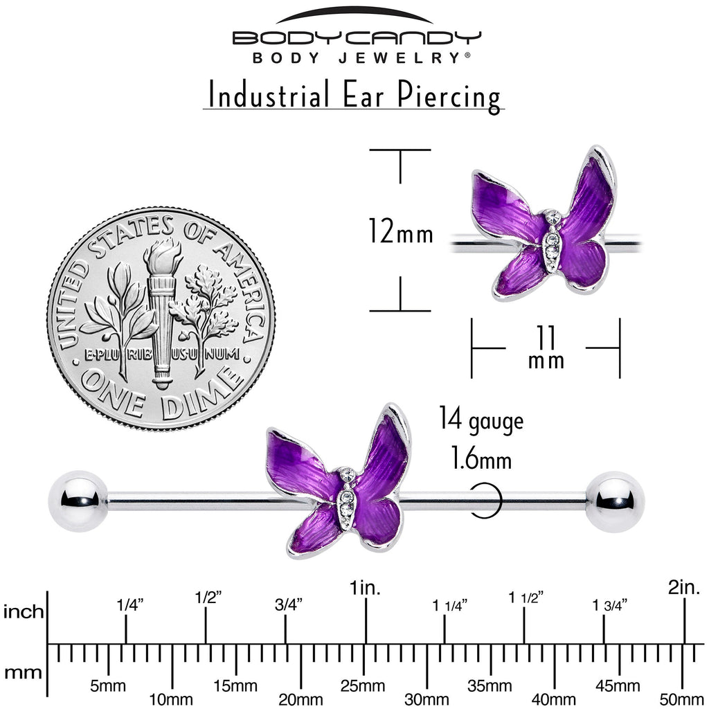 BodyCandy 14G Clear Gem Chunky Butterfly Purple Industrial Barbell 38mm — side view