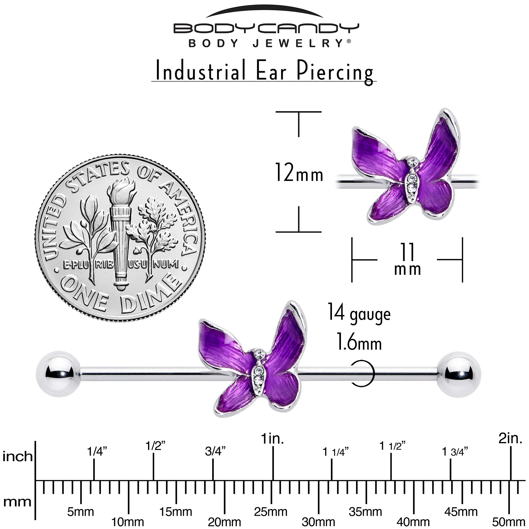 BodyCandy 14G Clear Gem Chunky Butterfly Purple Industrial Barbell 38mm — side view