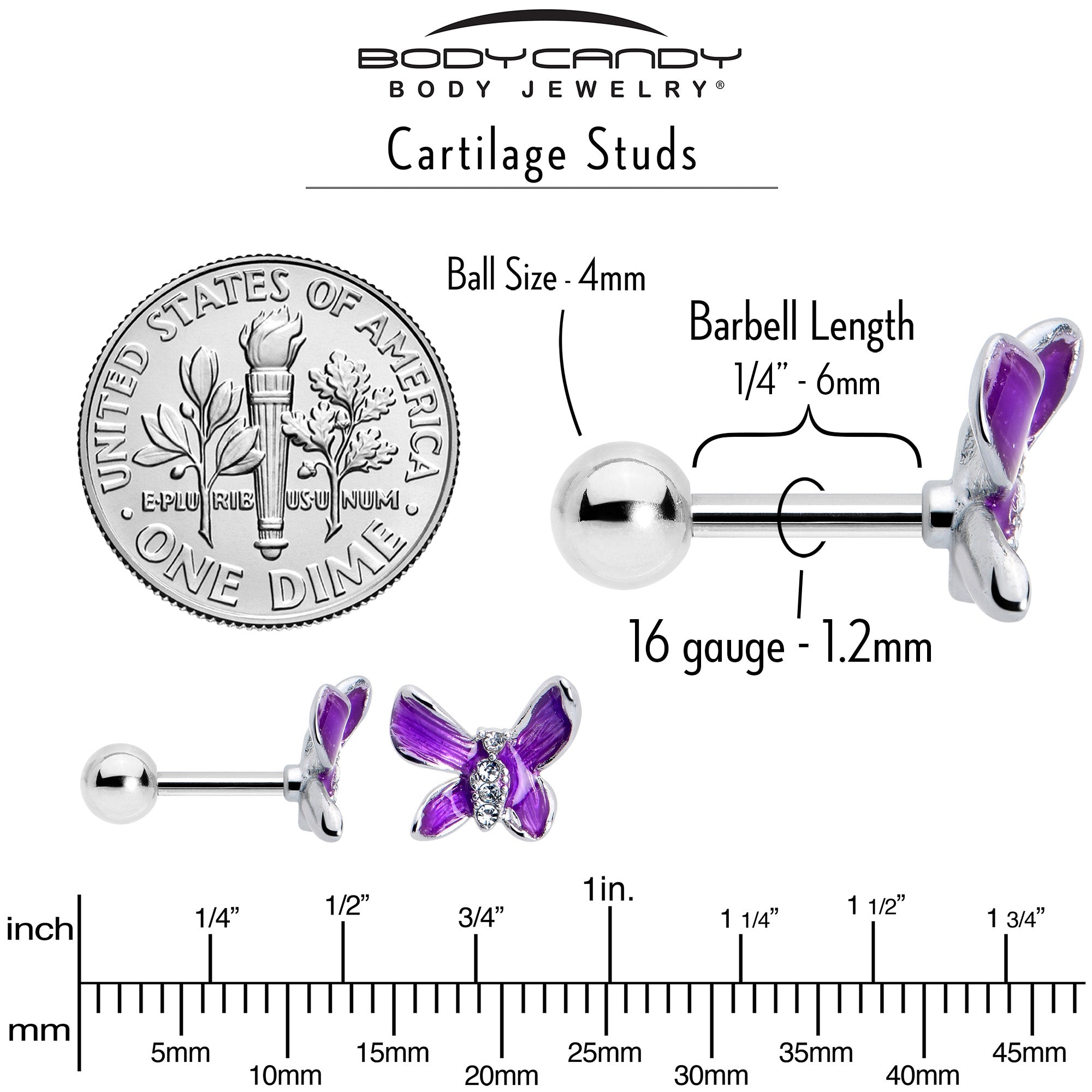 BodyCandy 16G 1/4 Clear Gem Chunky Butterfly Purple Cartilage Tragus Earring — back view