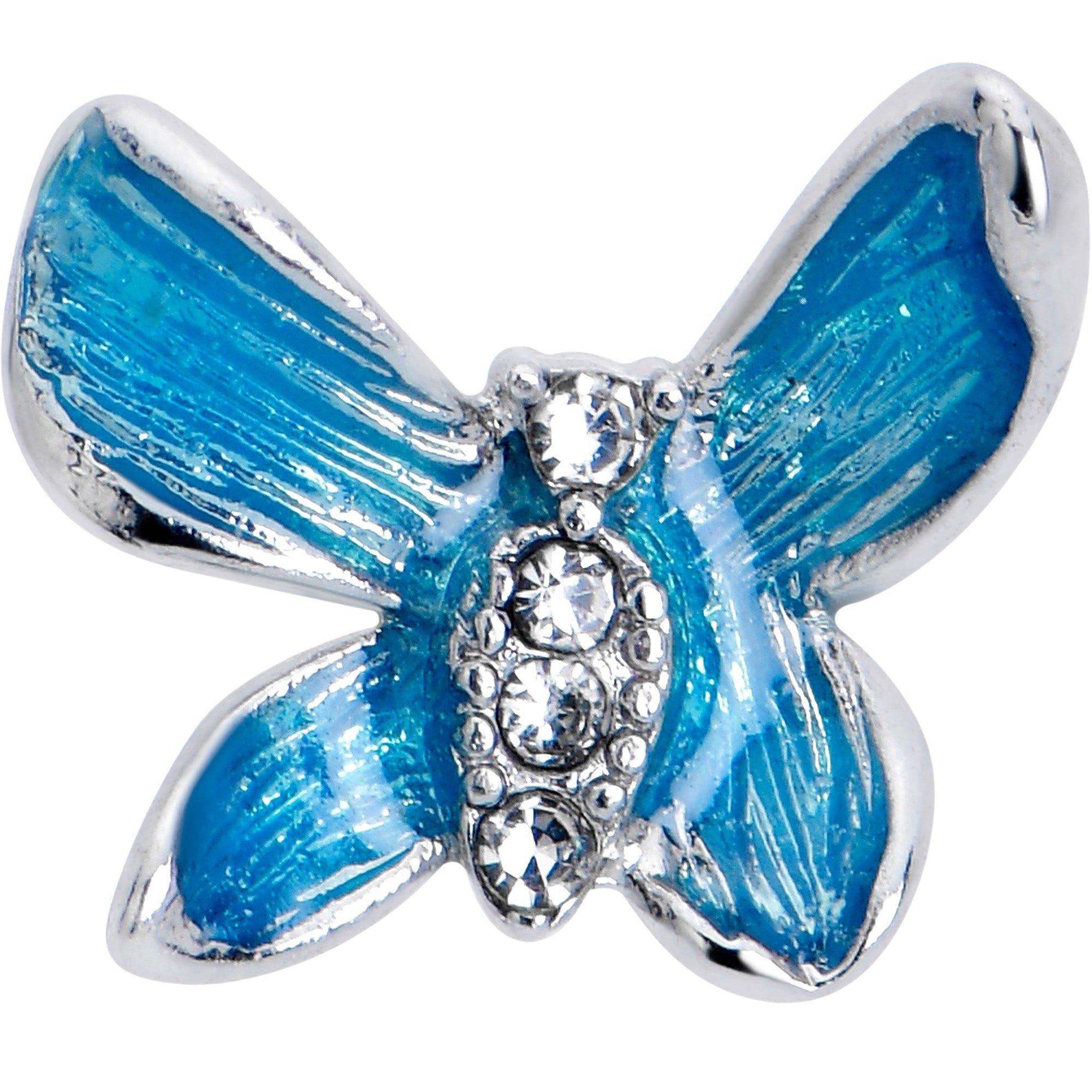 BodyCandy 20G 7mm Clear Gem Chunky Butterfly Blue Left Side Nose Screw — detail close-up