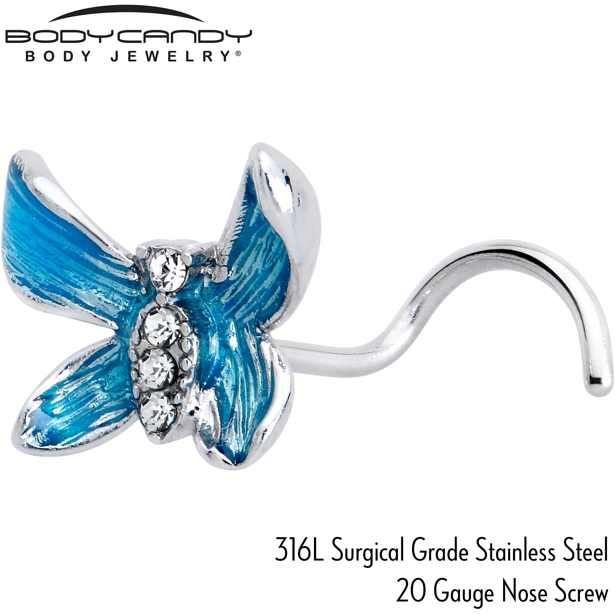 BodyCandy 20G 7mm Clear Gem Chunky Butterfly Blue Left Side Nose Screw — side view