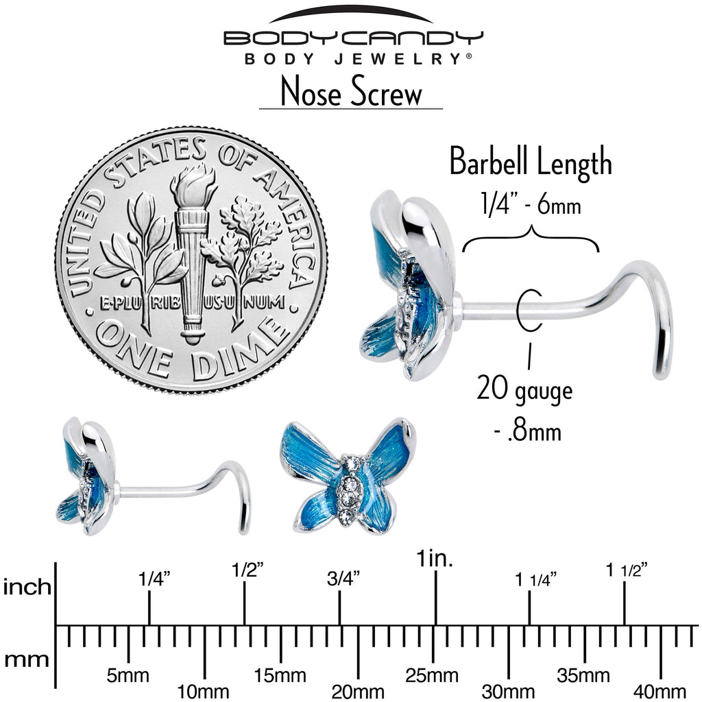 BodyCandy 20G 7mm Clear Gem Chunky Butterfly Blue Left Side Nose Screw — back view
