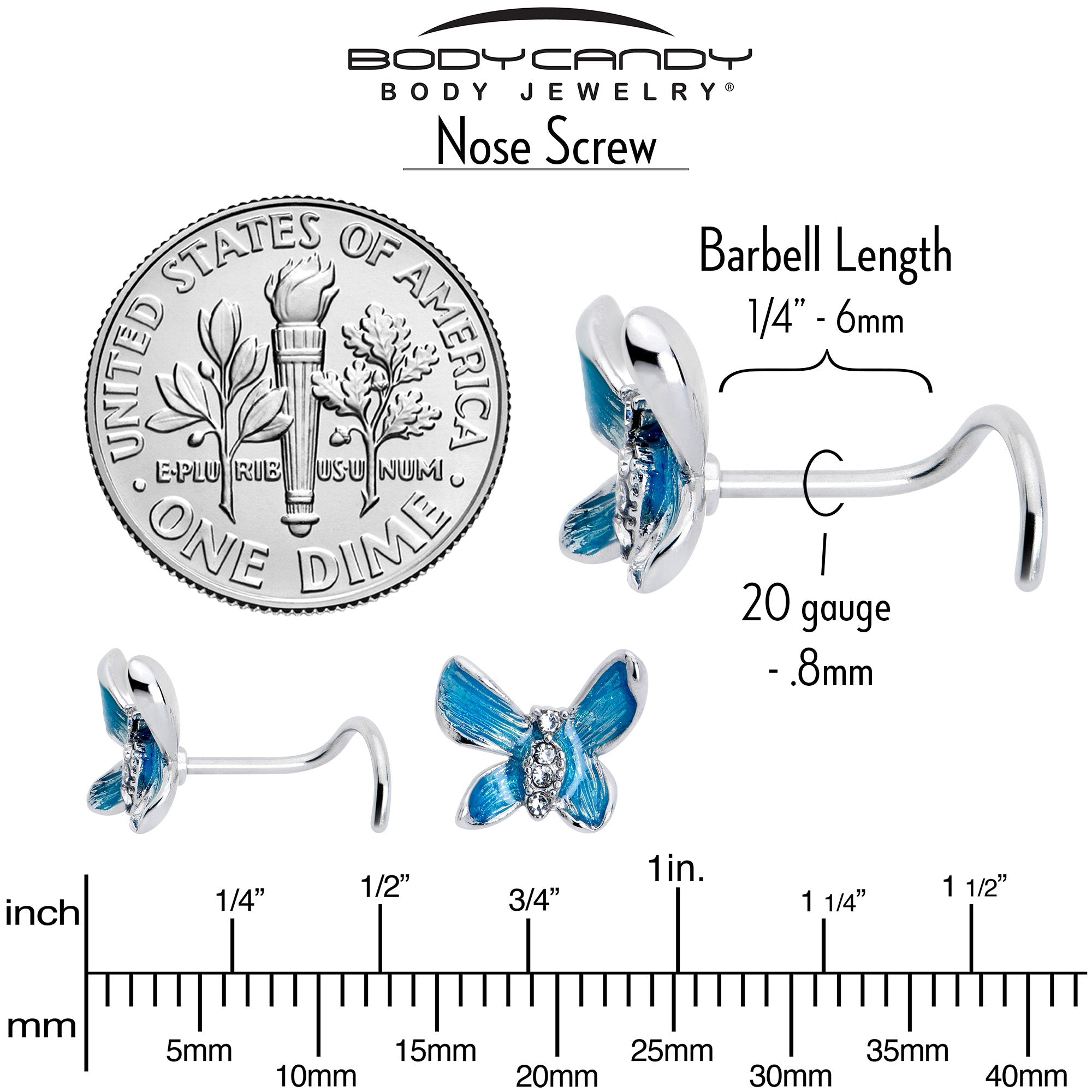 BodyCandy 20G 7mm Clear Gem Chunky Butterfly Blue Left Side Nose Screw — back view